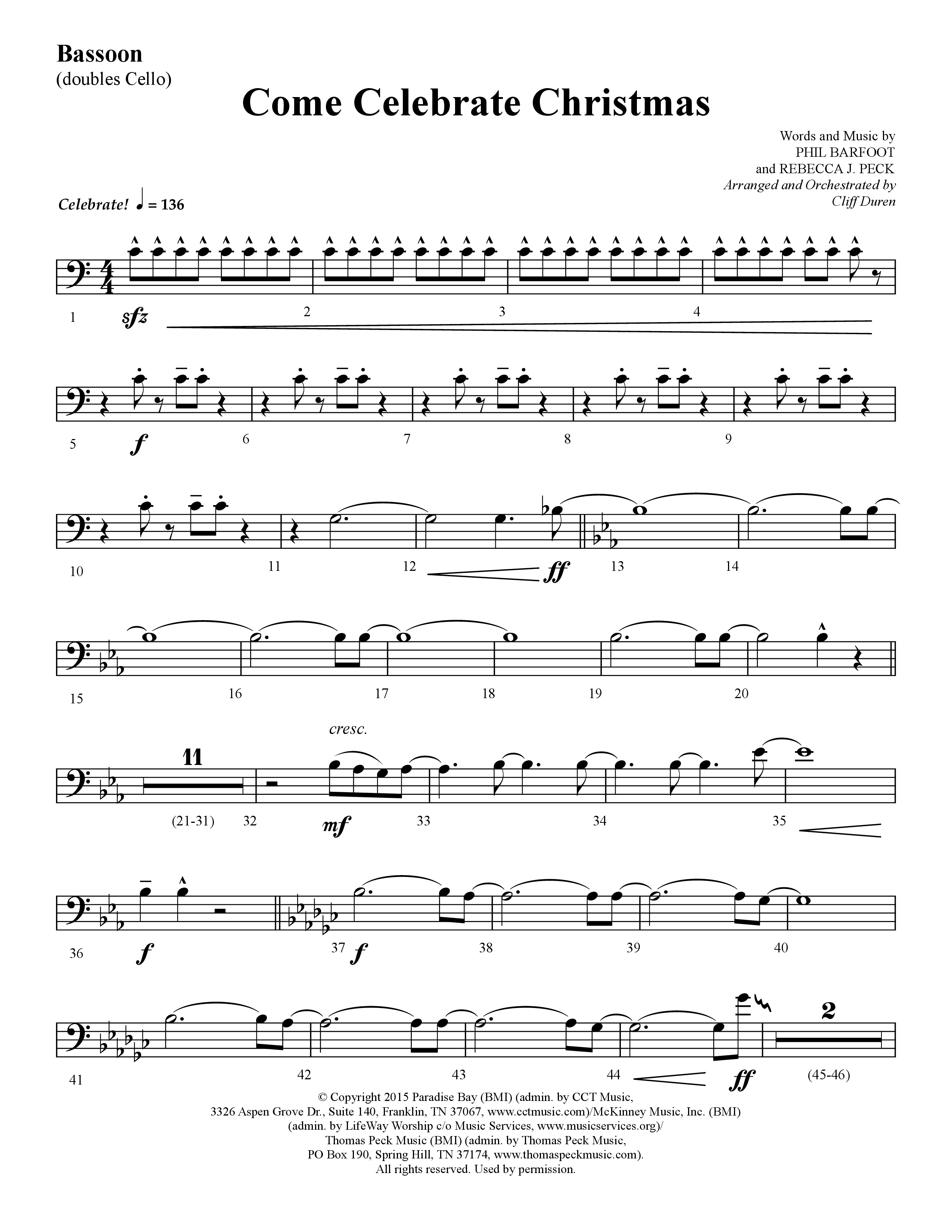 Come Celebrate Christmas (Choral Anthem SATB) Bassoon (Lifeway Choral / Arr. Cliff Duren)