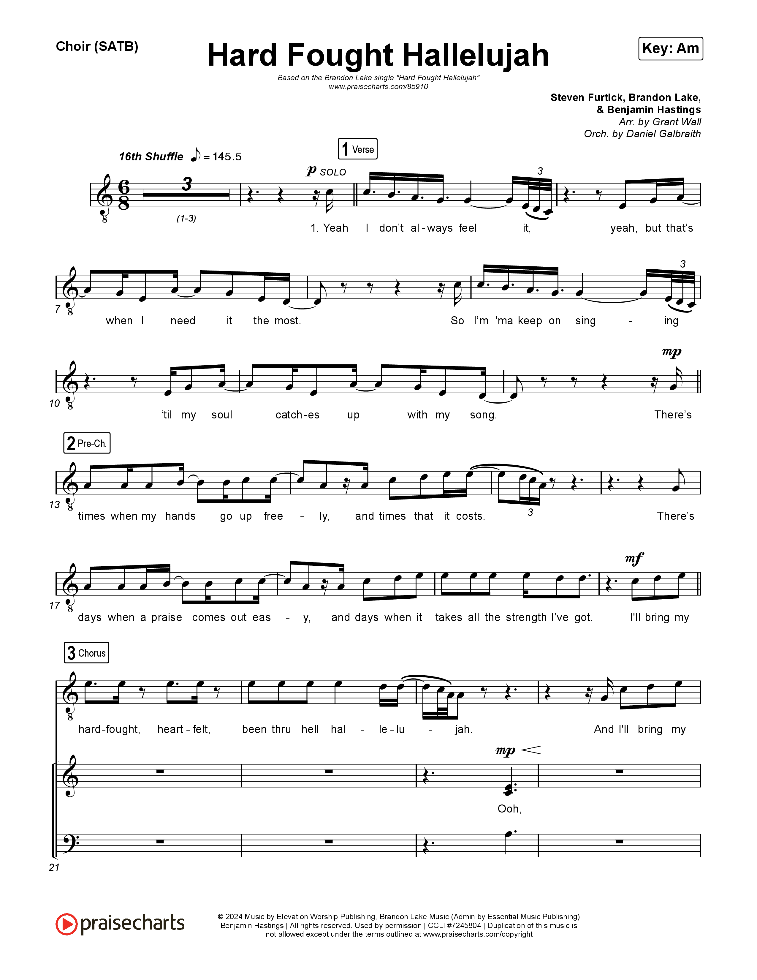 Hard Fought Hallelujah Choir Sheet (SATB) (Brandon Lake)
