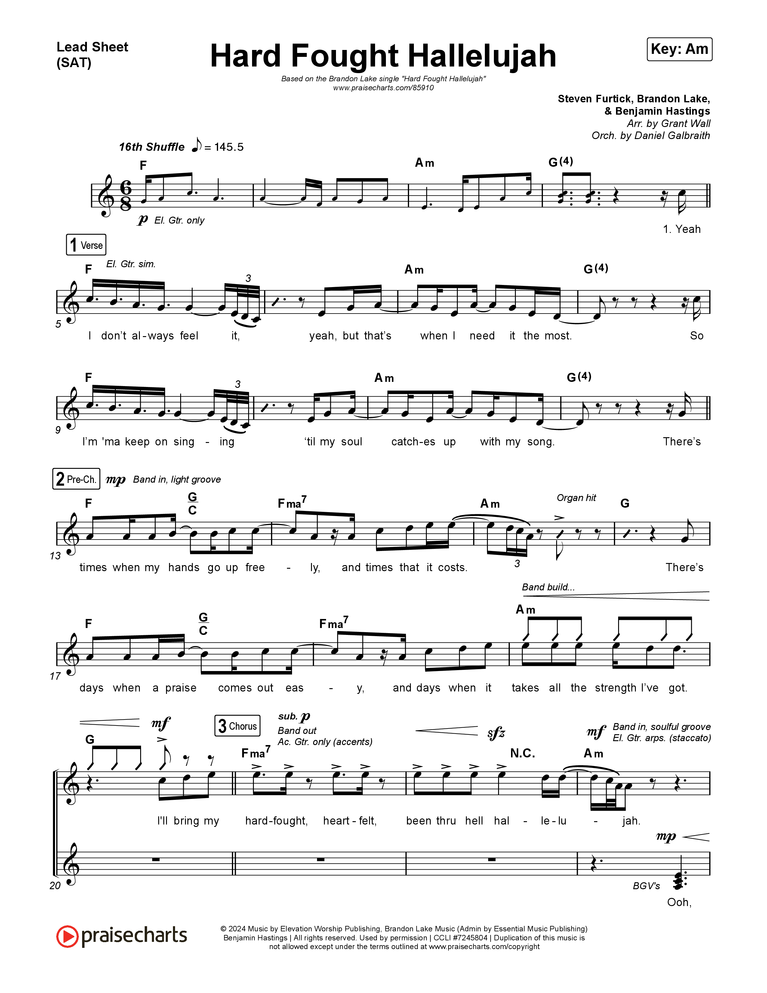 Hard Fought Hallelujah Lead Sheet (SAT) (Brandon Lake)