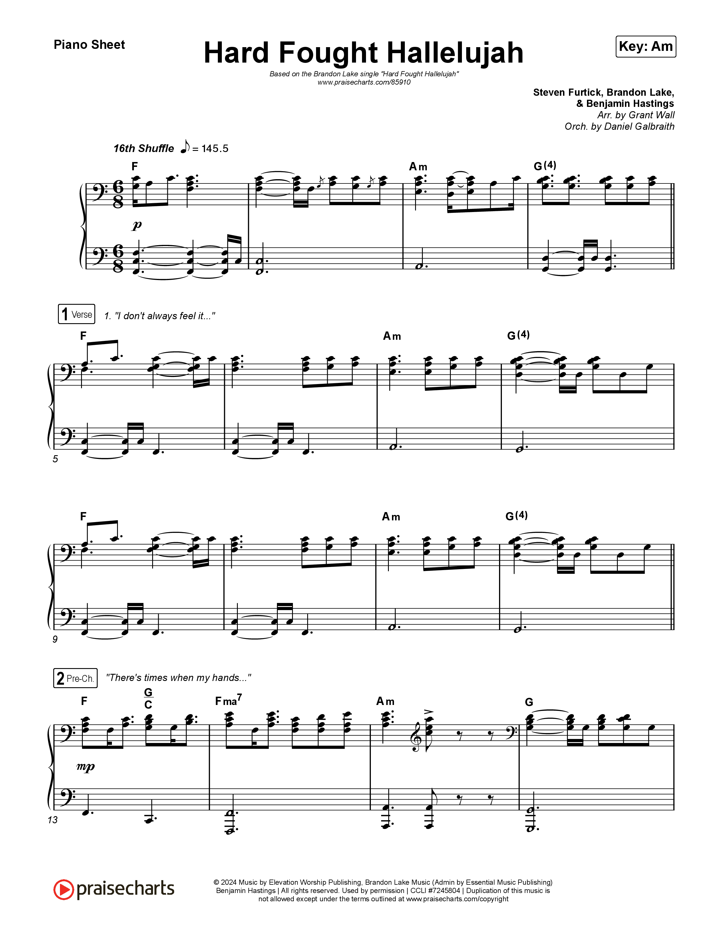 Hard Fought Hallelujah Piano Sheet (Brandon Lake)