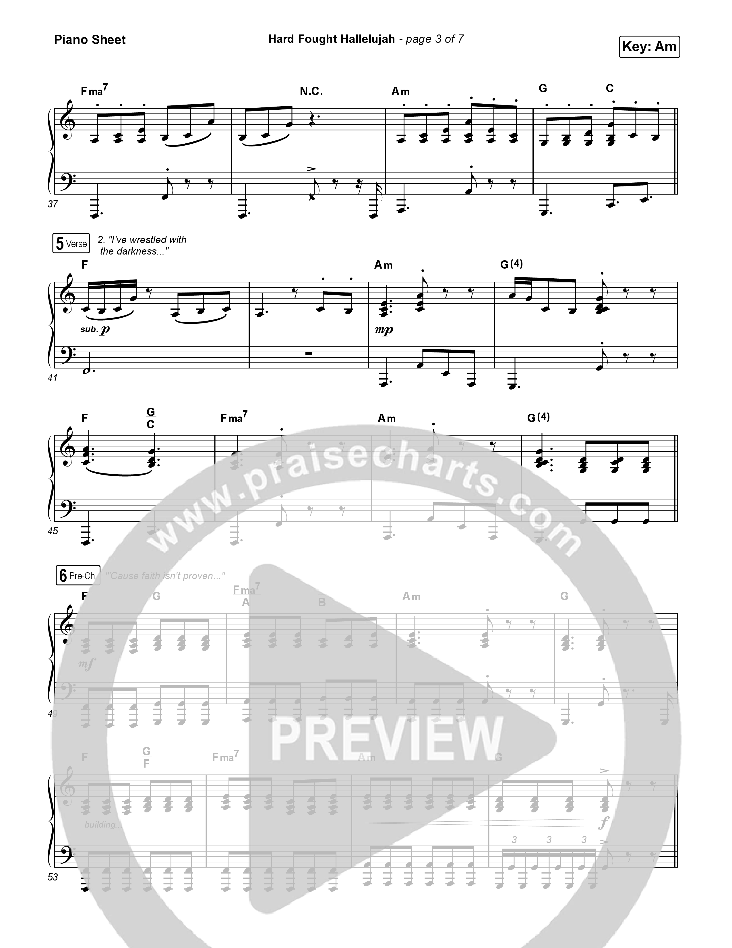 Hard Fought Hallelujah Piano Sheet (Brandon Lake)