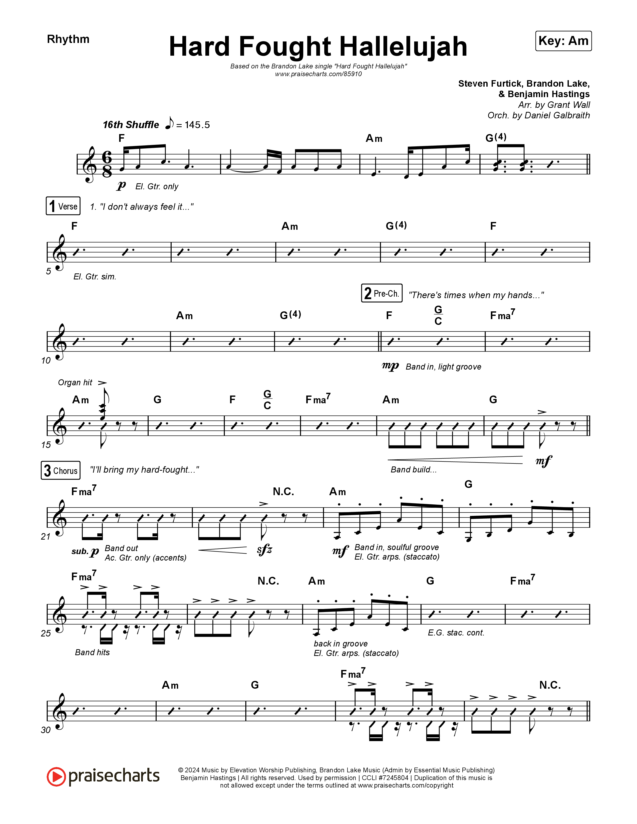 Hard Fought Hallelujah Rhythm Chart (Brandon Lake)