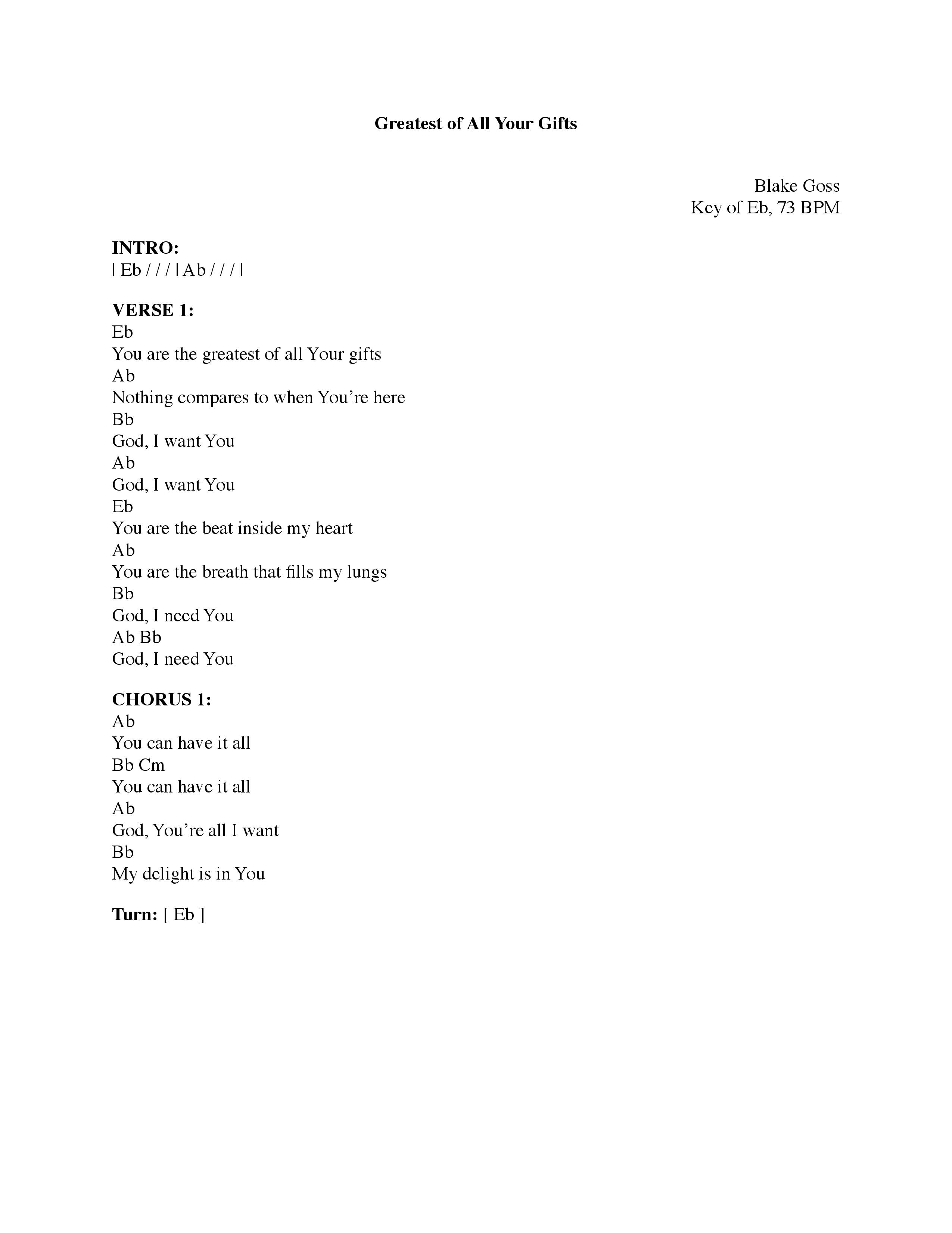 Greatest of All Your Gifts Chord Chart (NewSpring Worship)