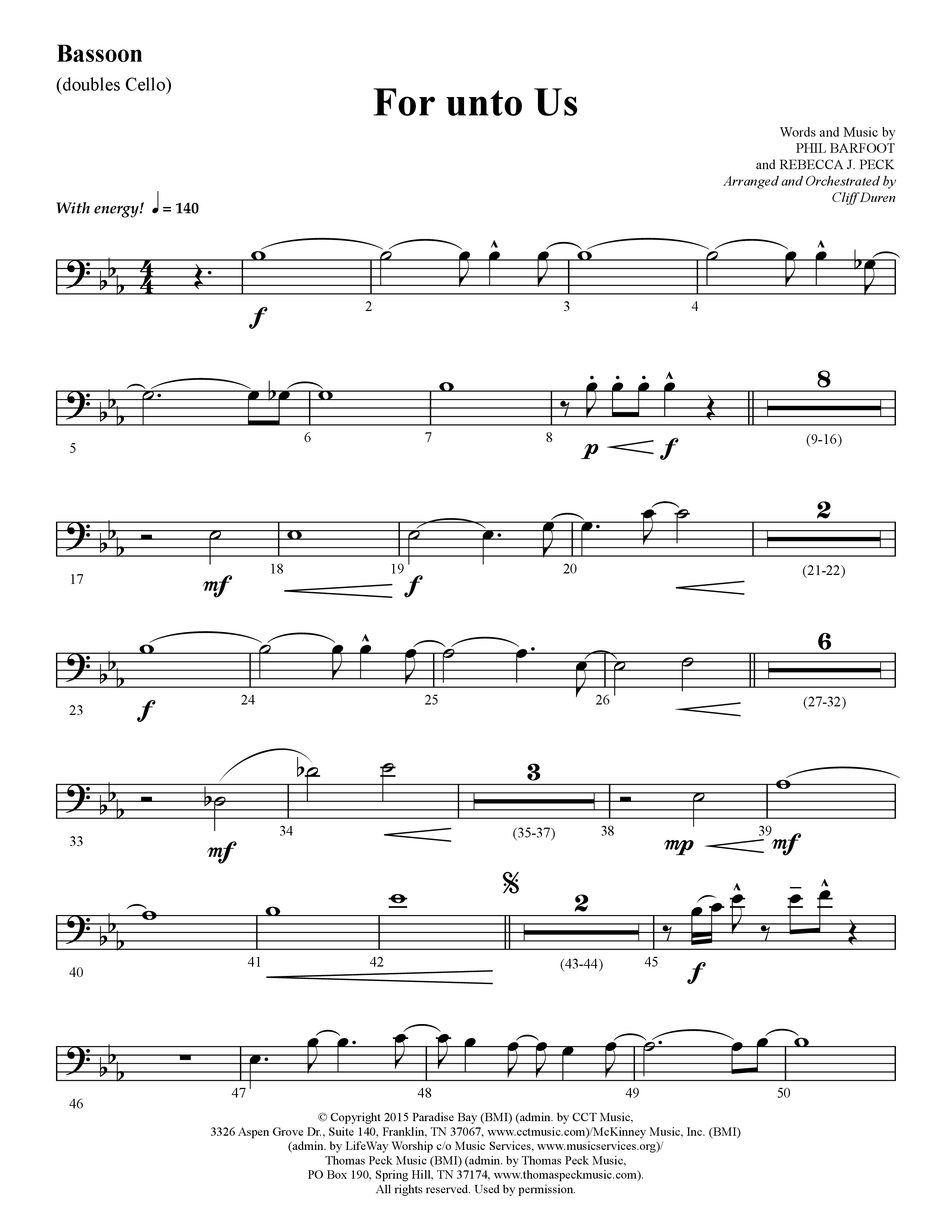 For Unto Us (Choral Anthem SATB) Bassoon (Lifeway Choral / Arr. Cliff Duren)