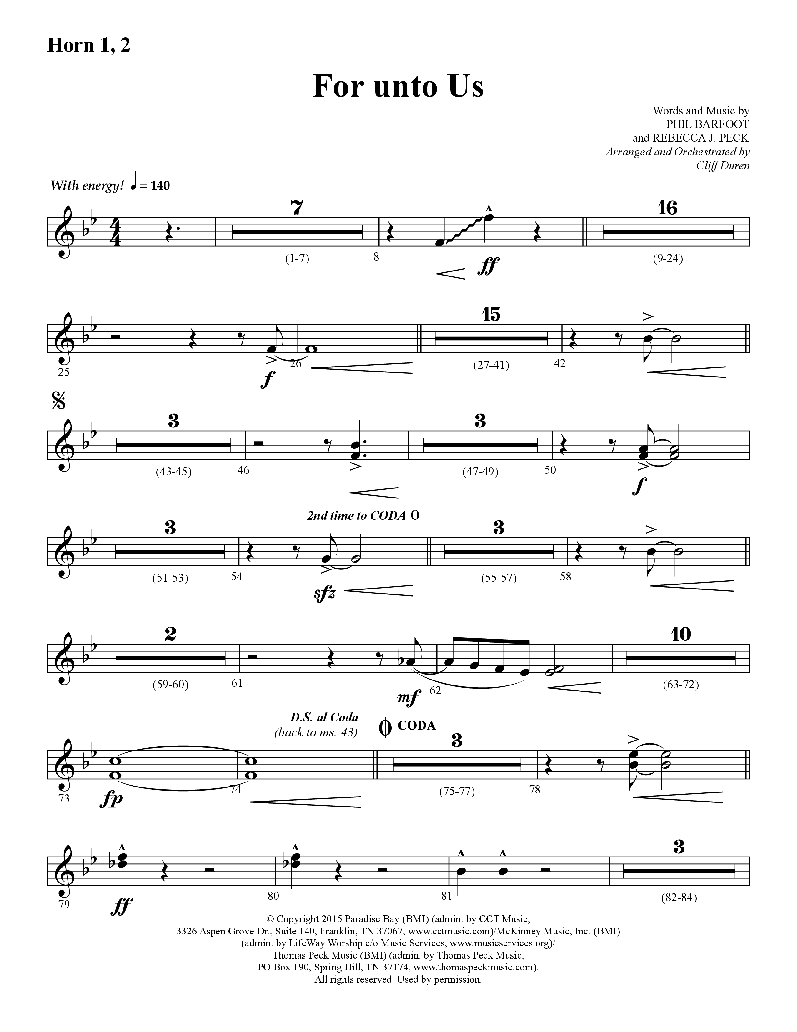For Unto Us (Choral Anthem SATB) French Horn 1/2 (Lifeway Choral / Arr. Cliff Duren)