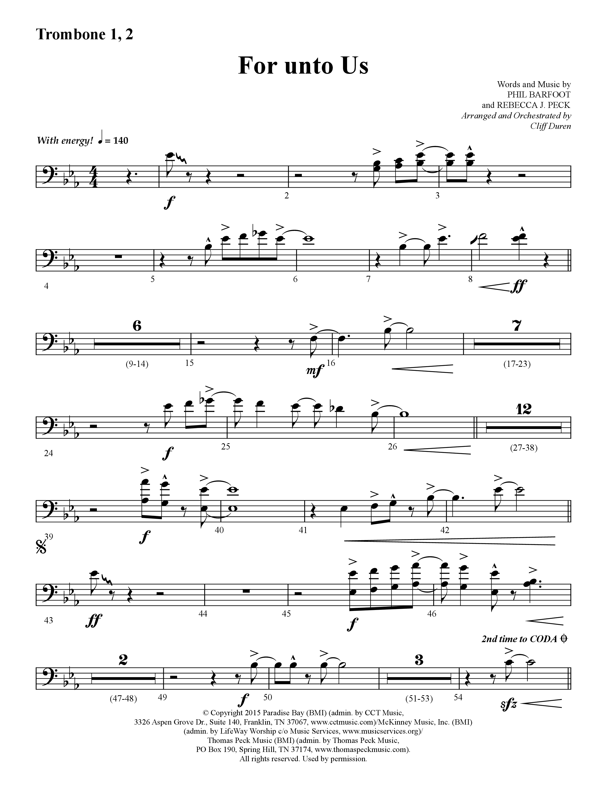 For Unto Us (Choral Anthem SATB) Trombone 1/2 (Lifeway Choral / Arr. Cliff Duren)