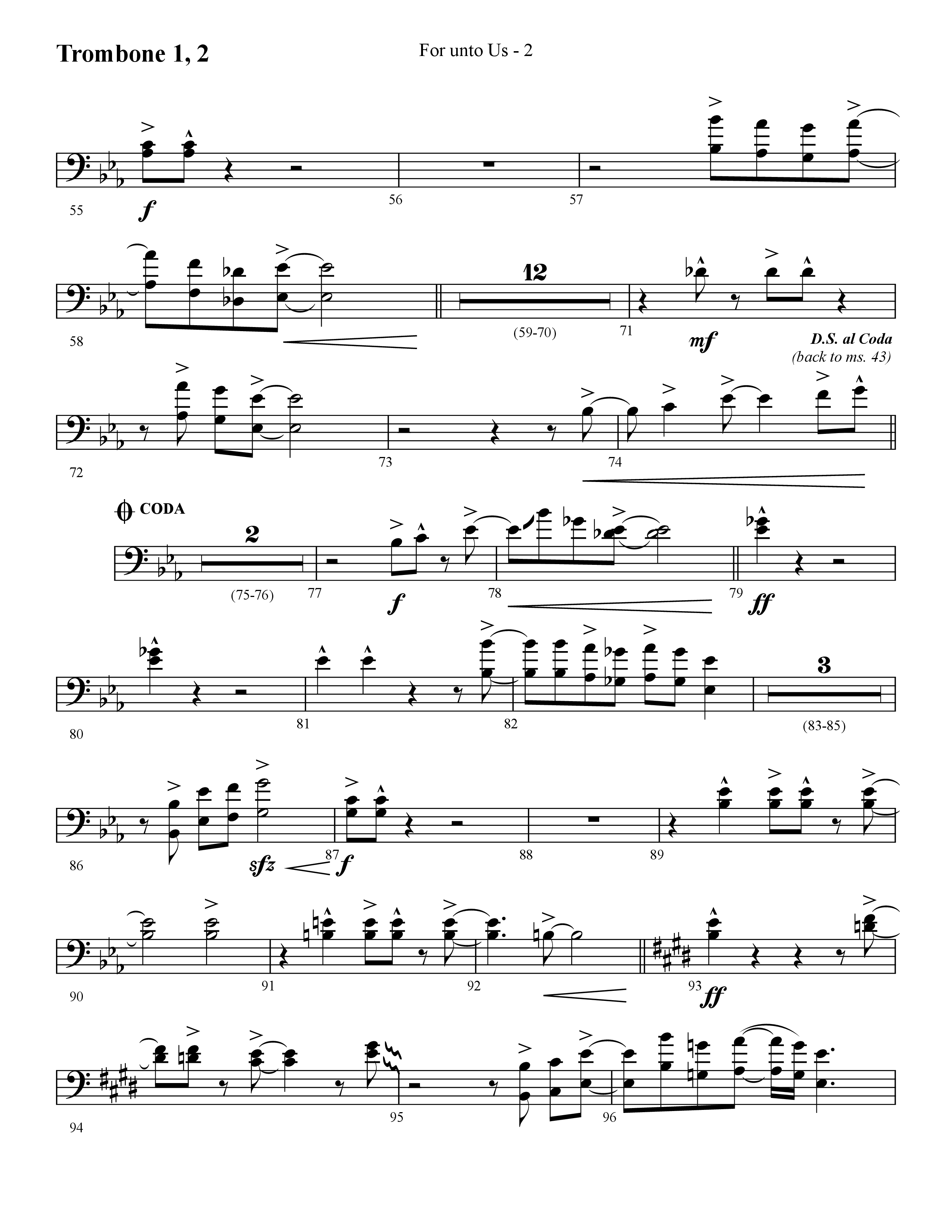 For Unto Us (Choral Anthem SATB) Trombone 1/2 (Lifeway Choral / Arr. Cliff Duren)