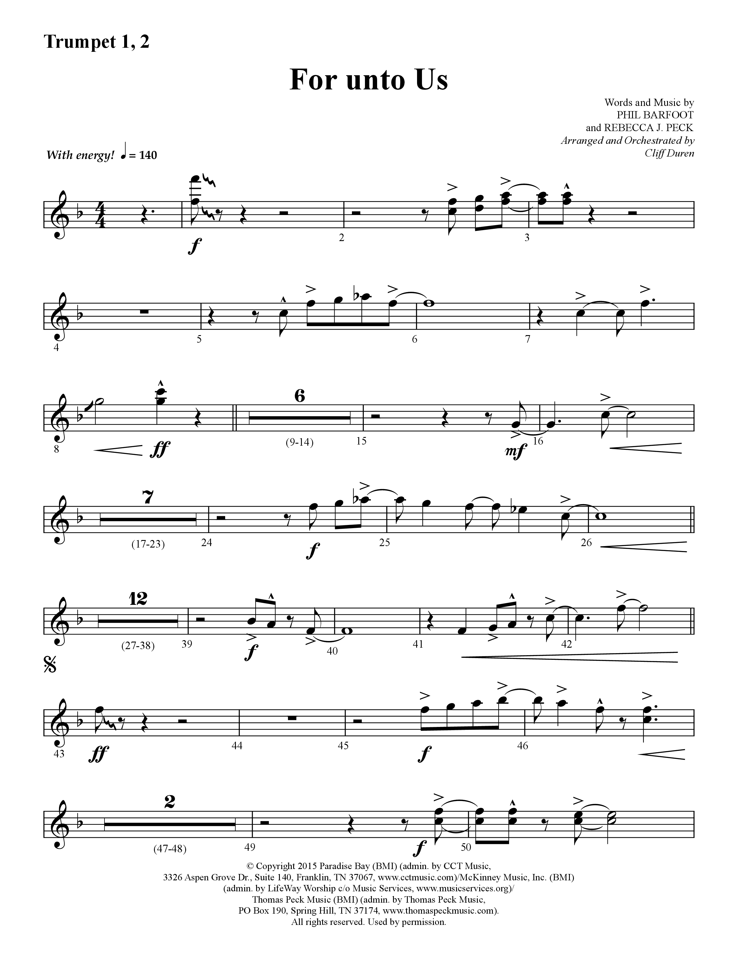 For Unto Us (Choral Anthem SATB) Trumpet 1,2 (Lifeway Choral / Arr. Cliff Duren)
