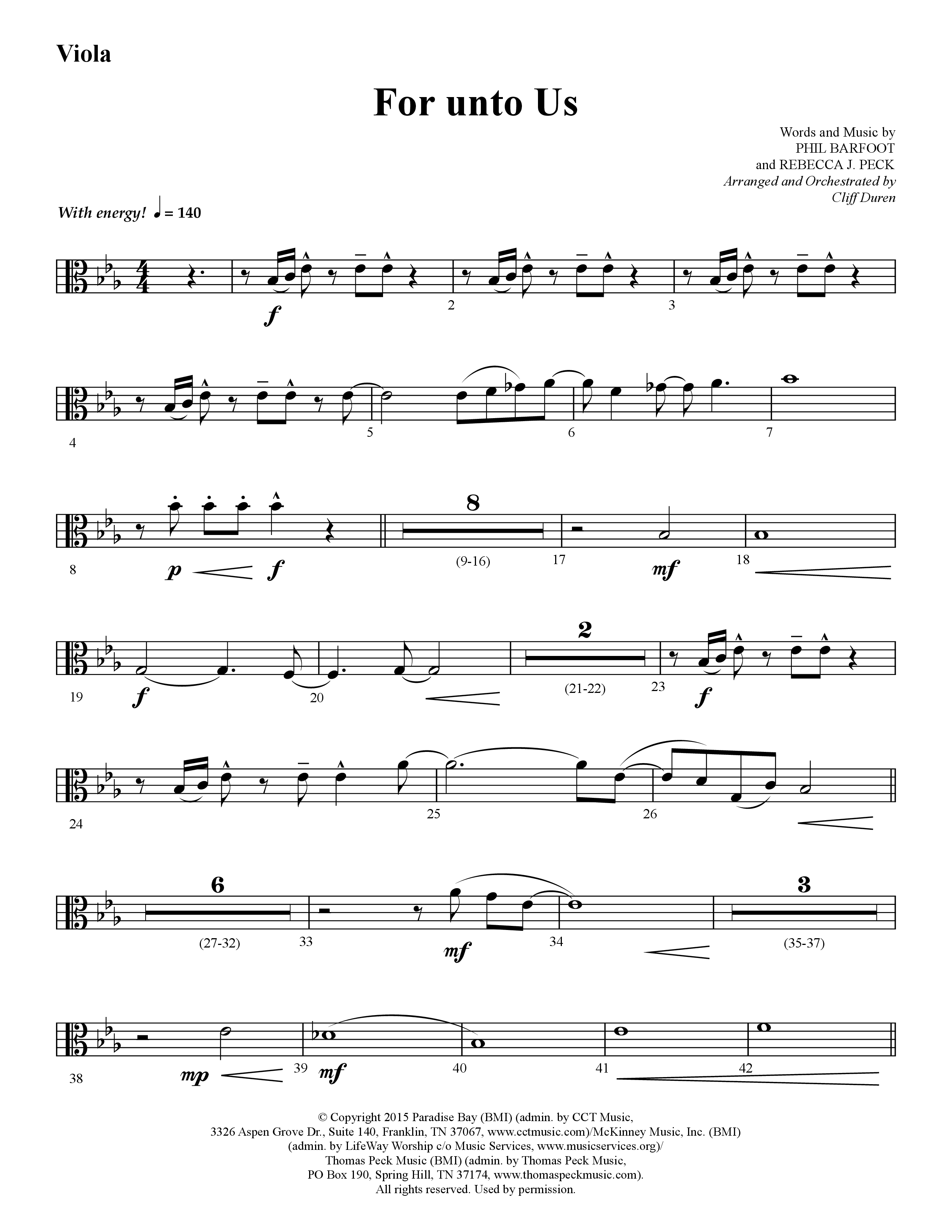 For Unto Us (Choral Anthem SATB) Viola (Lifeway Choral / Arr. Cliff Duren)