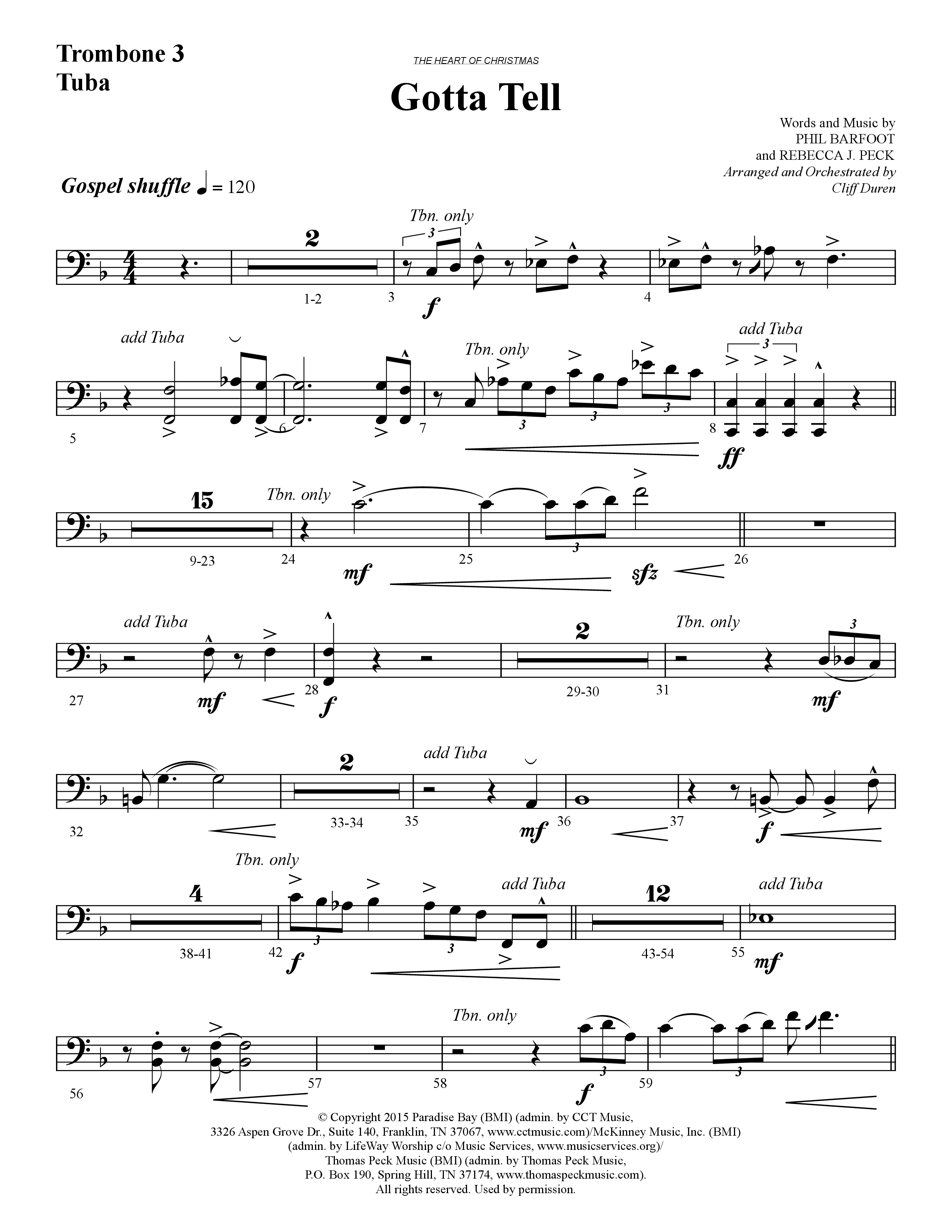 Gotta Tell (Choral Anthem SATB) Trombone 3/Tuba (Lifeway Choral / Arr. Cliff Duren)