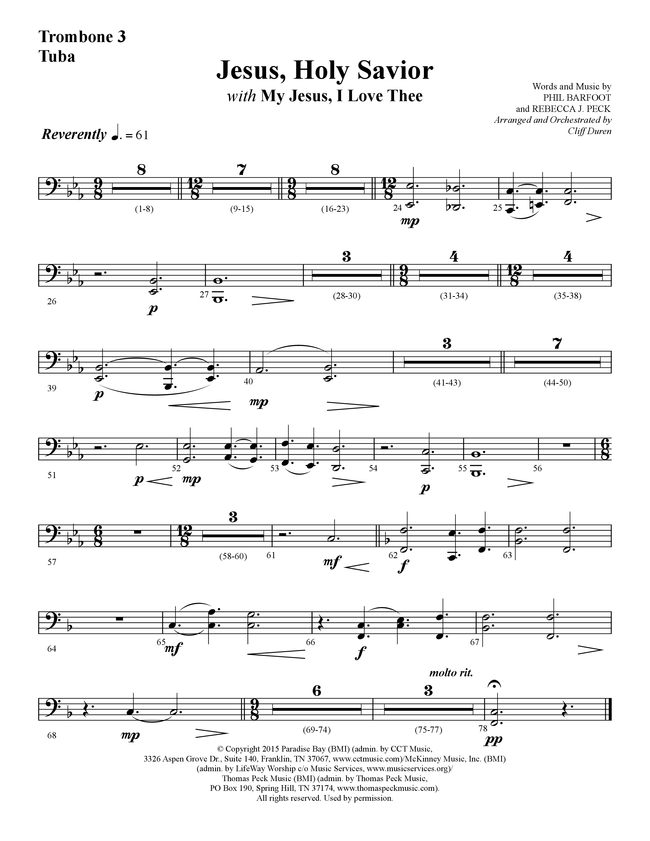 Jesus Holy Savior (with My Jesus I Love Thee) (Choral Anthem SATB) Trombone 3/Tuba (Lifeway Choral / Arr. Cliff Duren)