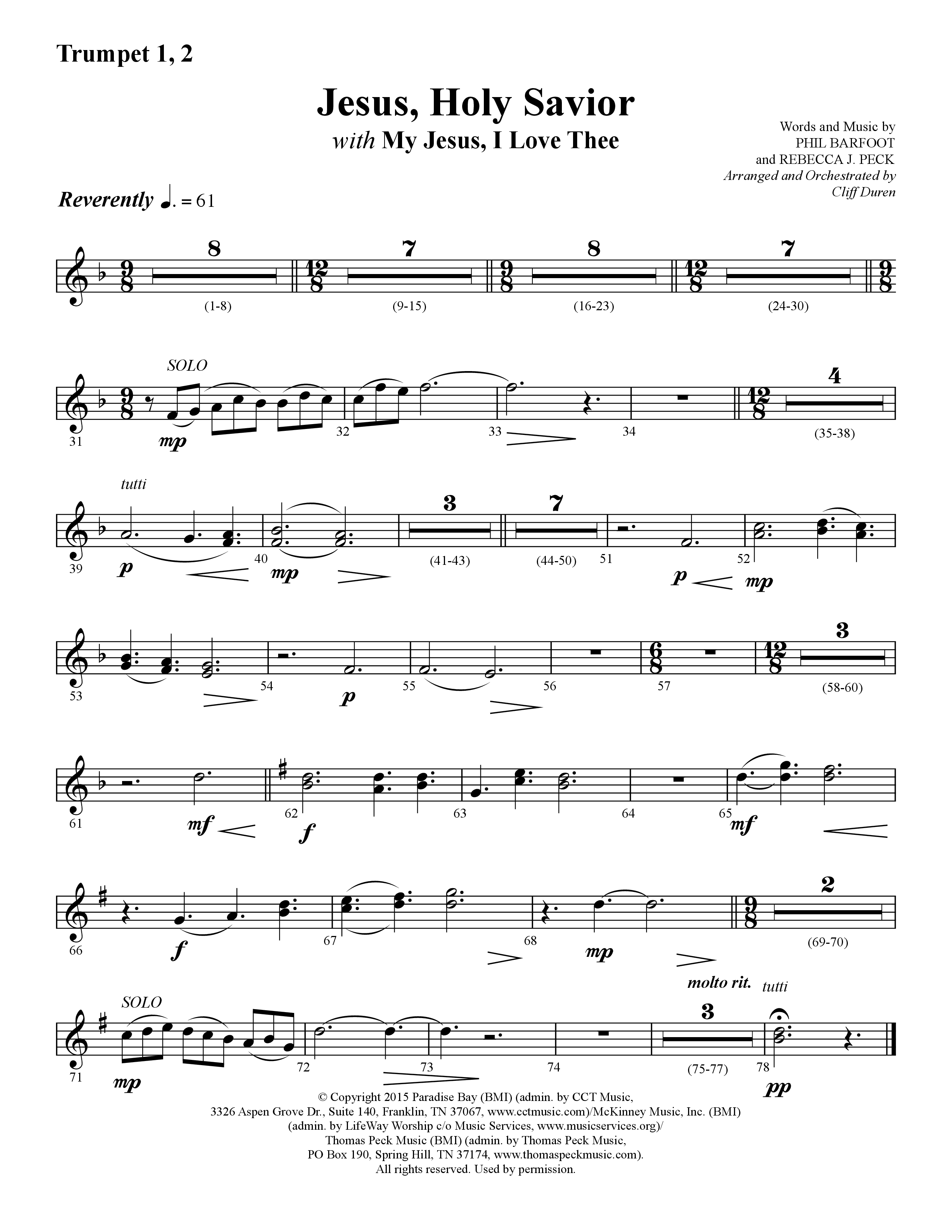 Jesus Holy Savior (with My Jesus I Love Thee) (Choral Anthem SATB) Trumpet 1,2 (Lifeway Choral / Arr. Cliff Duren)