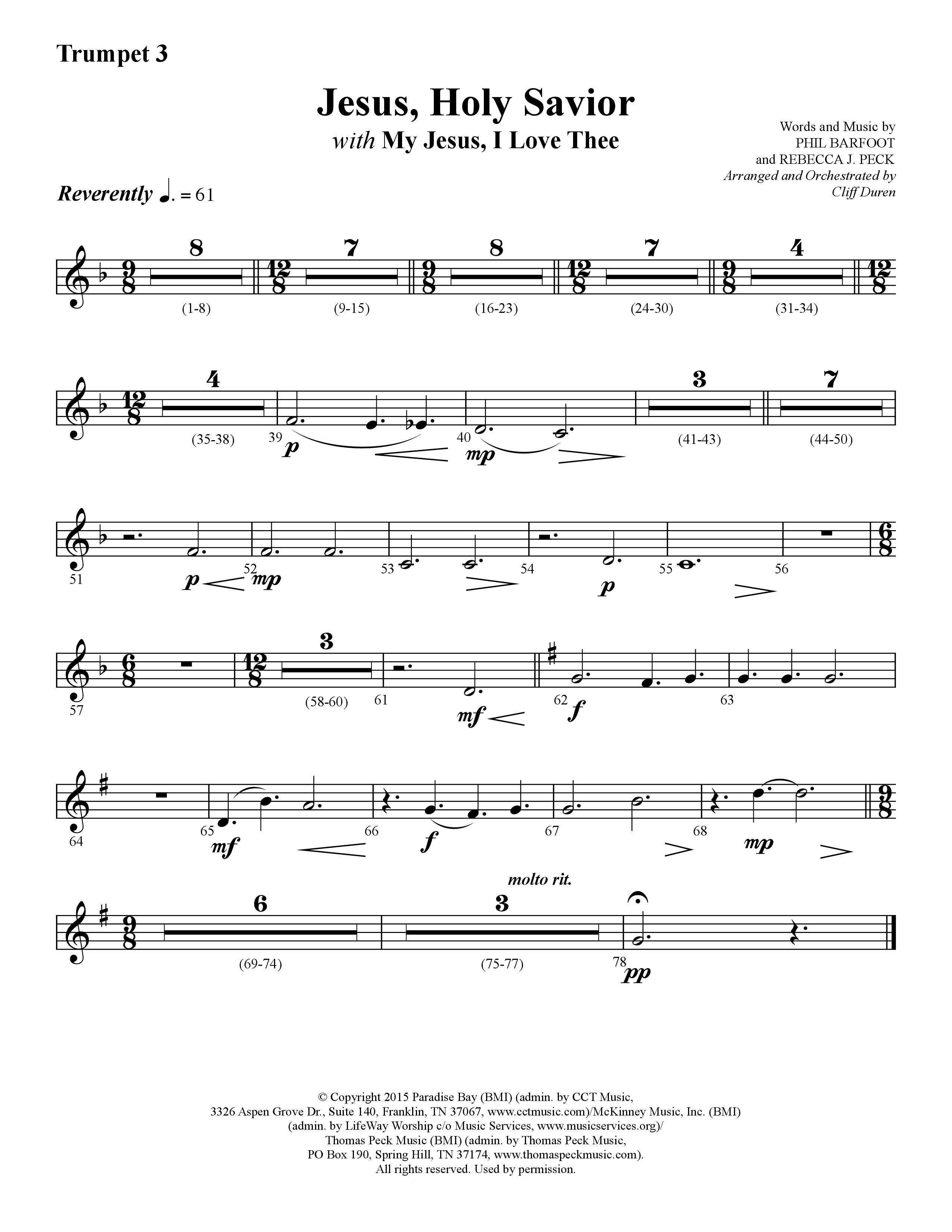Jesus Holy Savior (with My Jesus I Love Thee) (Choral Anthem SATB) Trumpet 3 (Lifeway Choral / Arr. Cliff Duren)