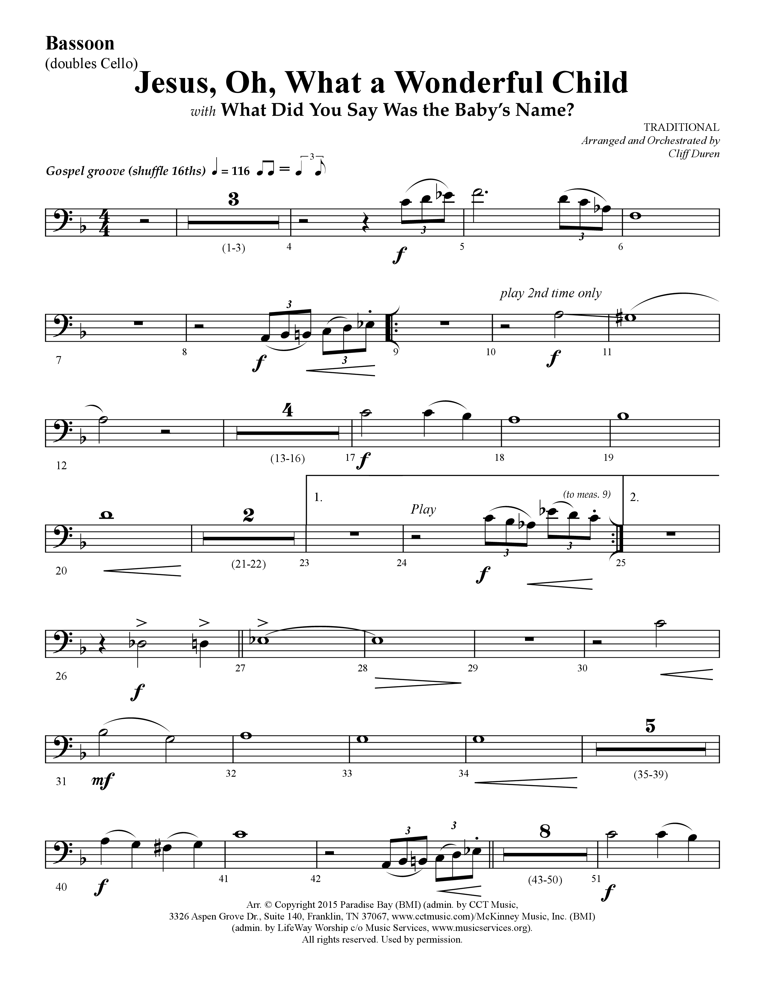 Jesus Oh What A Wonderful Child (with What Did You Say Was The Baby's Name) (Choral Anthem SATB) Bassoon (Lifeway Choral / Arr. Cliff Duren)