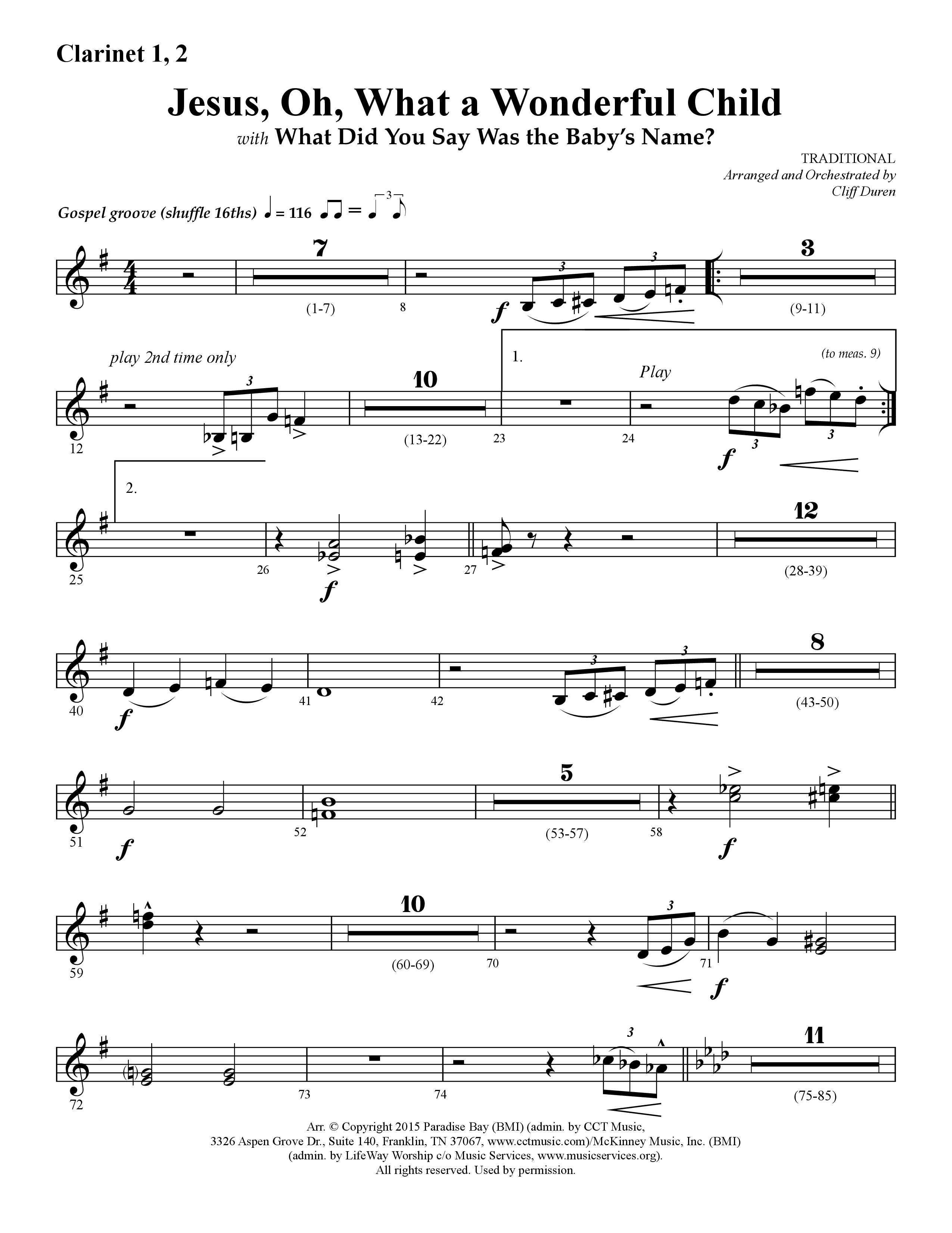 Jesus Oh What A Wonderful Child (with What Did You Say Was The Baby's Name) (Choral Anthem SATB) Clarinet 1/2 (Lifeway Choral / Arr. Cliff Duren)