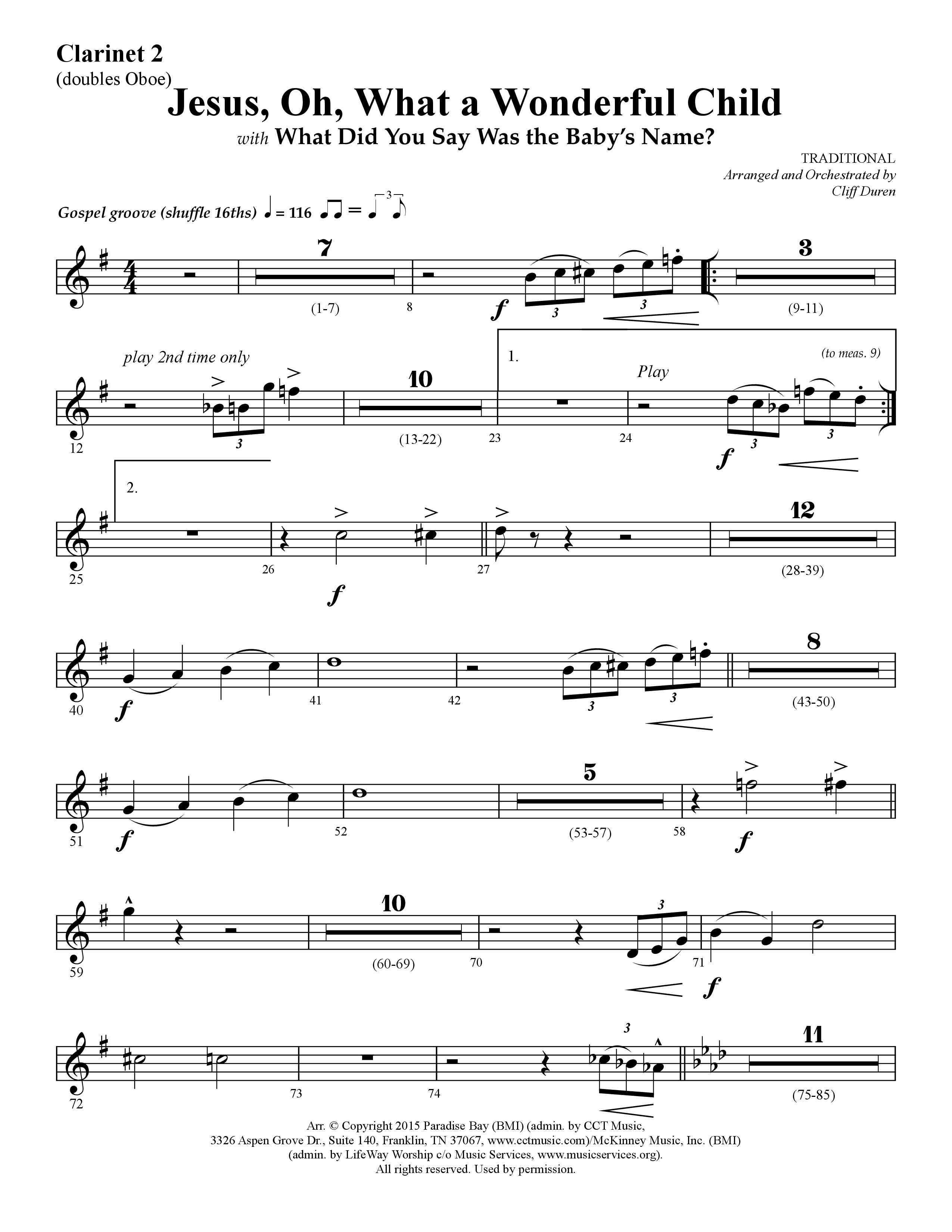 Jesus Oh What A Wonderful Child (with What Did You Say Was The Baby's Name) (Choral Anthem SATB) Clarinet 1/2 (Lifeway Choral / Arr. Cliff Duren)