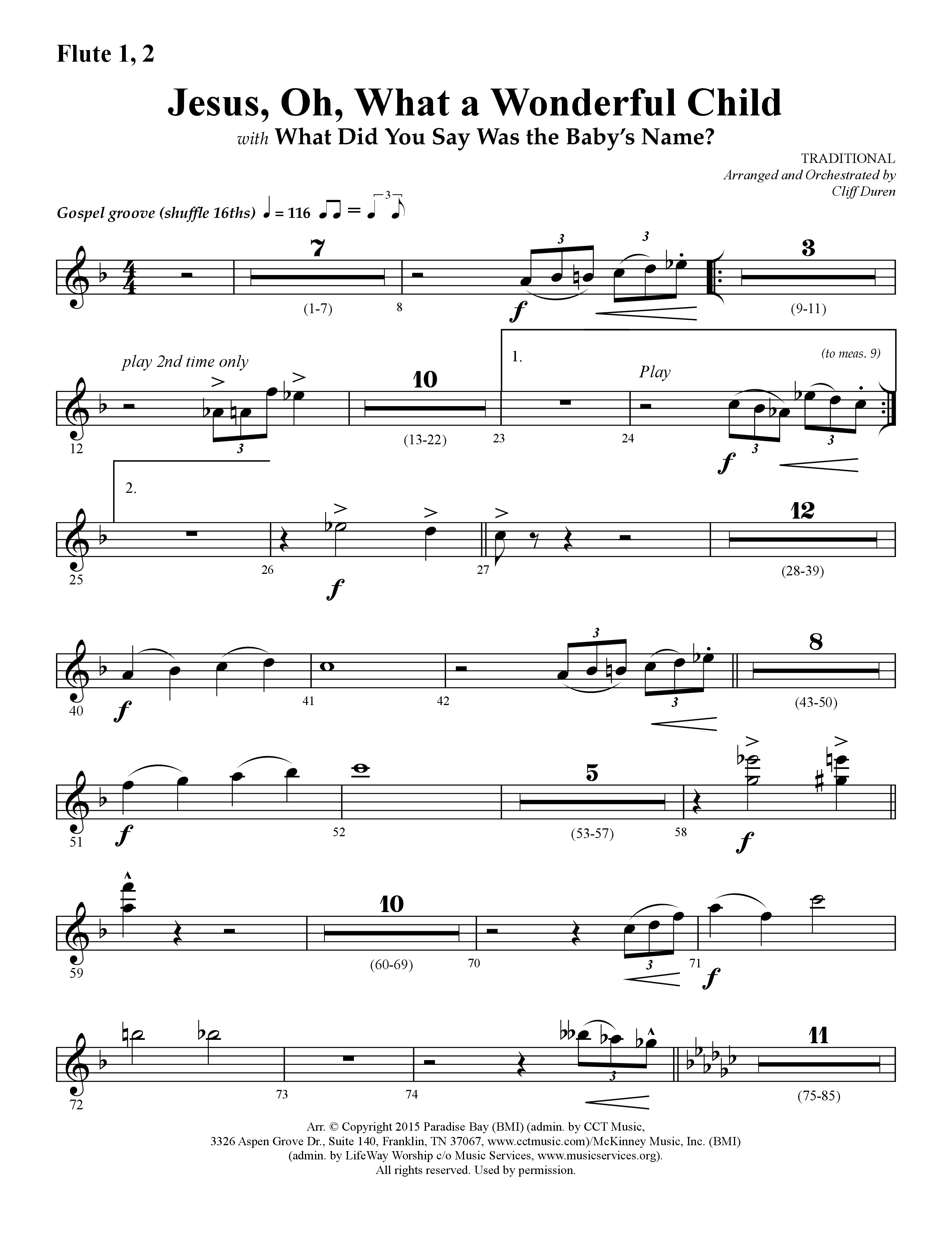 Jesus Oh What A Wonderful Child (with What Did You Say Was The Baby's Name) (Choral Anthem SATB) Flute 1/2 (Lifeway Choral / Arr. Cliff Duren)
