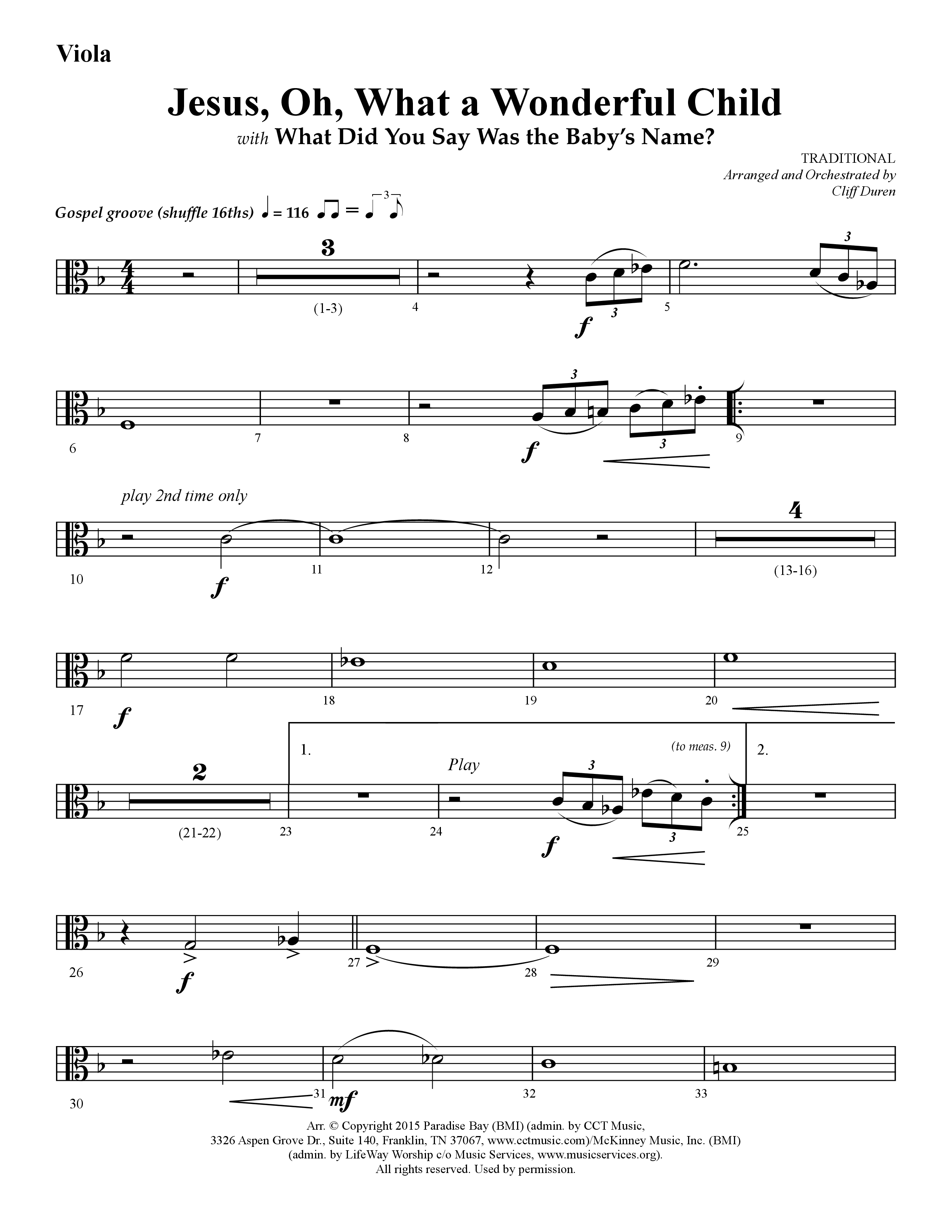 Jesus Oh What A Wonderful Child (with What Did You Say Was The Baby's Name) (Choral Anthem SATB) Viola (Lifeway Choral / Arr. Cliff Duren)