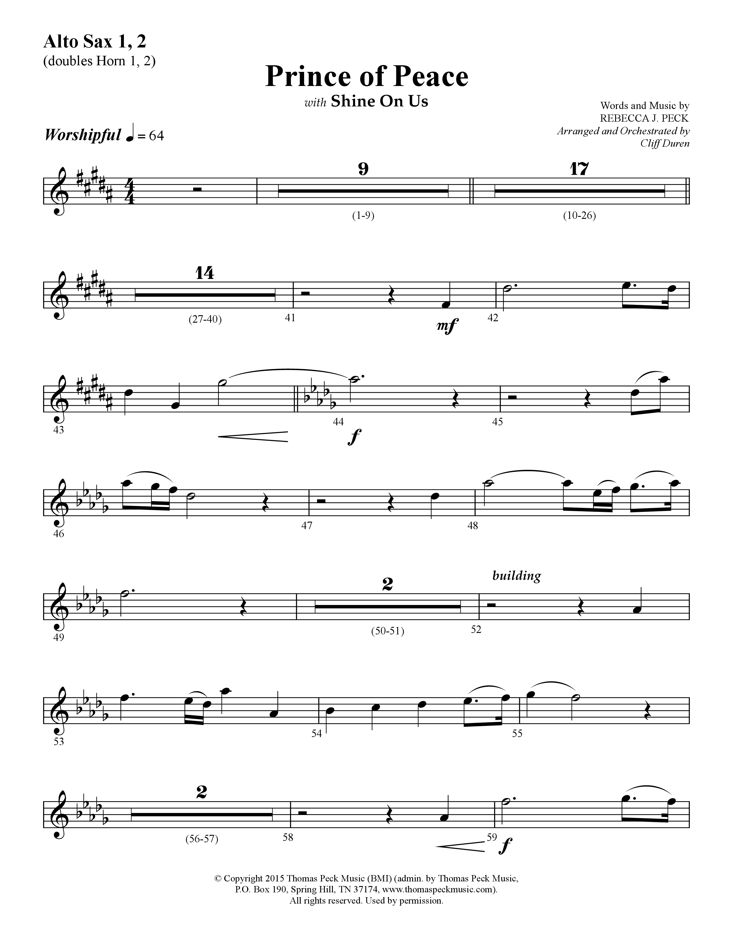 Prince Of Peace (with Shine On Us) (Choral Anthem SATB) Alto Sax 1/2 (Lifeway Choral / Arr. Cliff Duren)