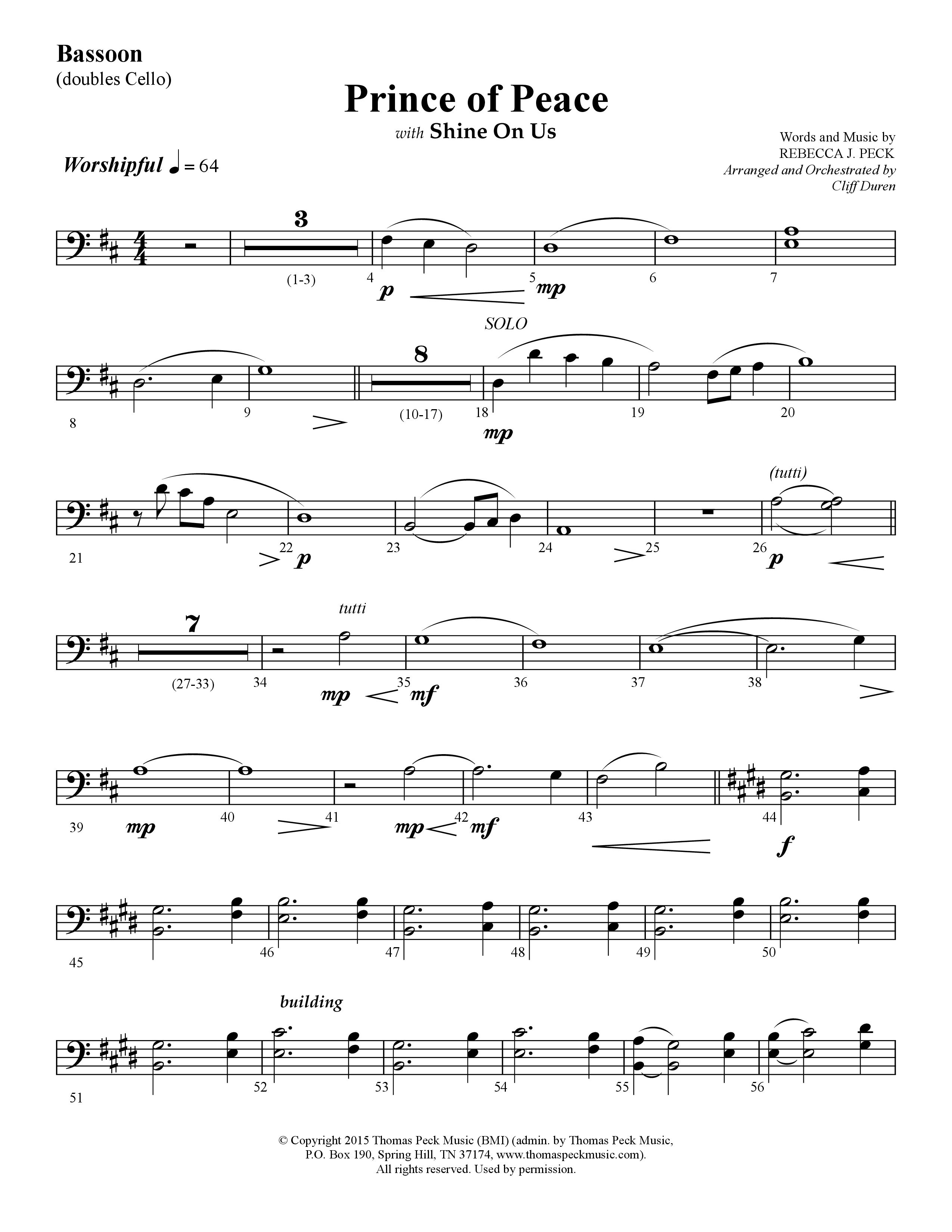 Prince Of Peace (with Shine On Us) (Choral Anthem SATB) Bassoon (Lifeway Choral / Arr. Cliff Duren)