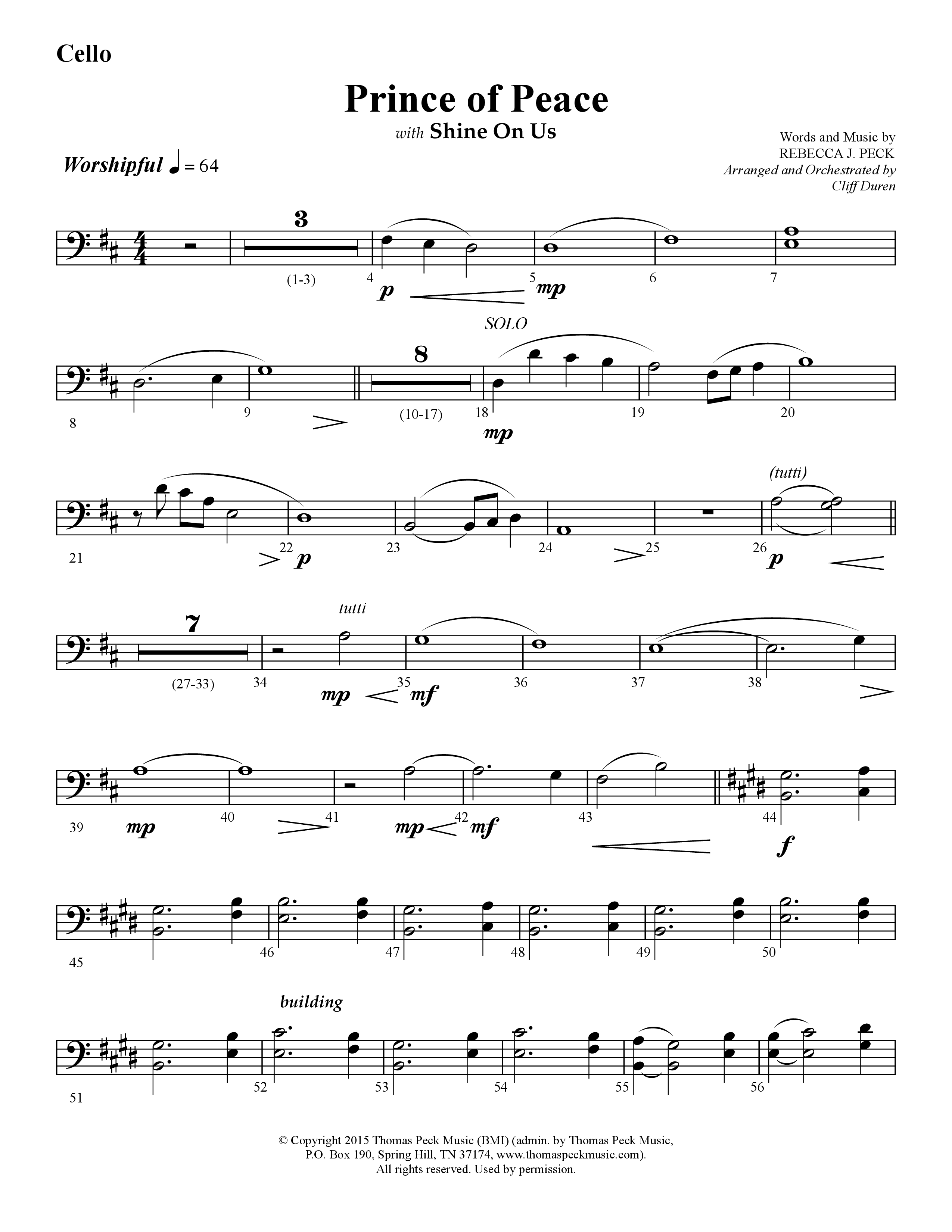 Prince Of Peace (with Shine On Us) (Choral Anthem SATB) Cello (Lifeway Choral / Arr. Cliff Duren)