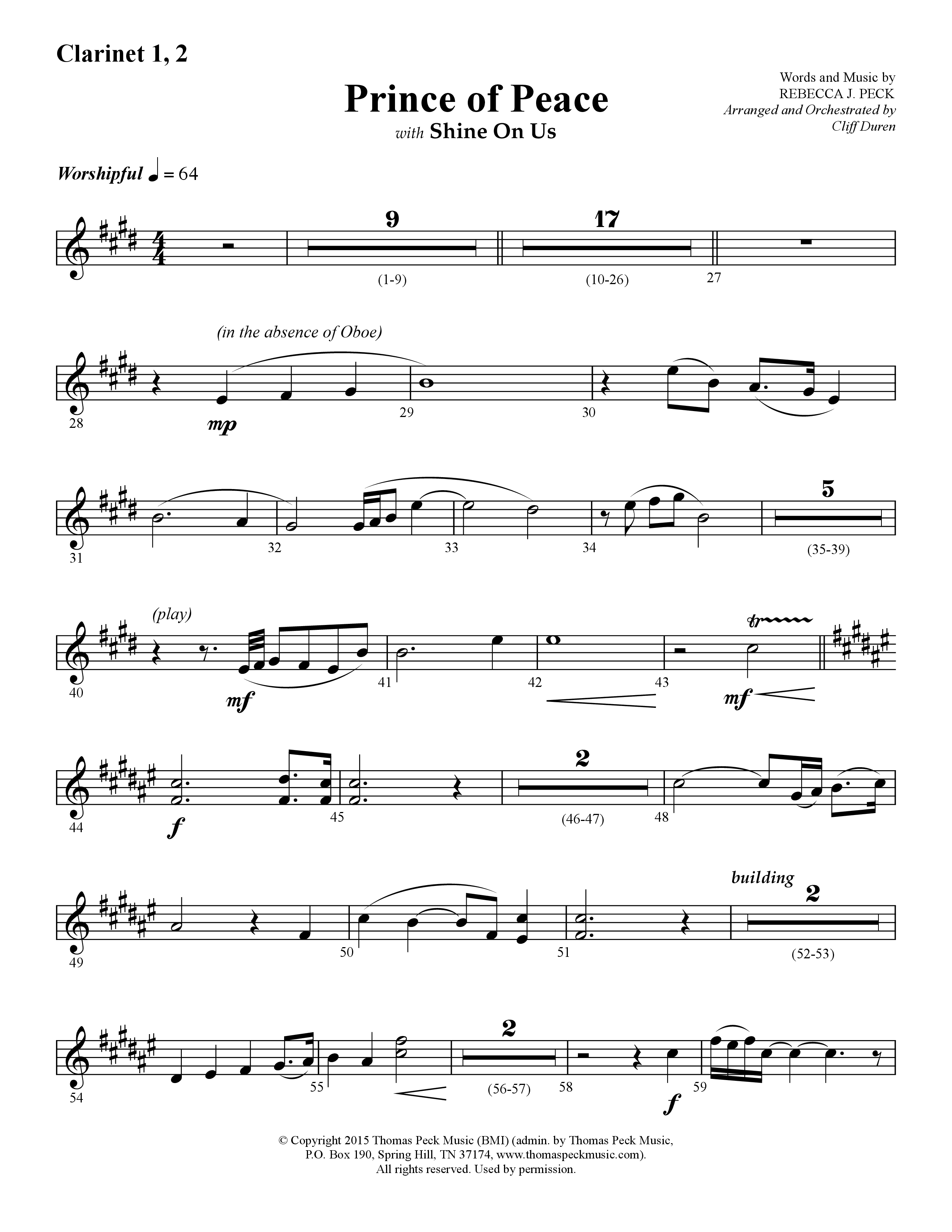 Prince Of Peace (with Shine On Us) (Choral Anthem SATB) Clarinet 1/2 (Lifeway Choral / Arr. Cliff Duren)