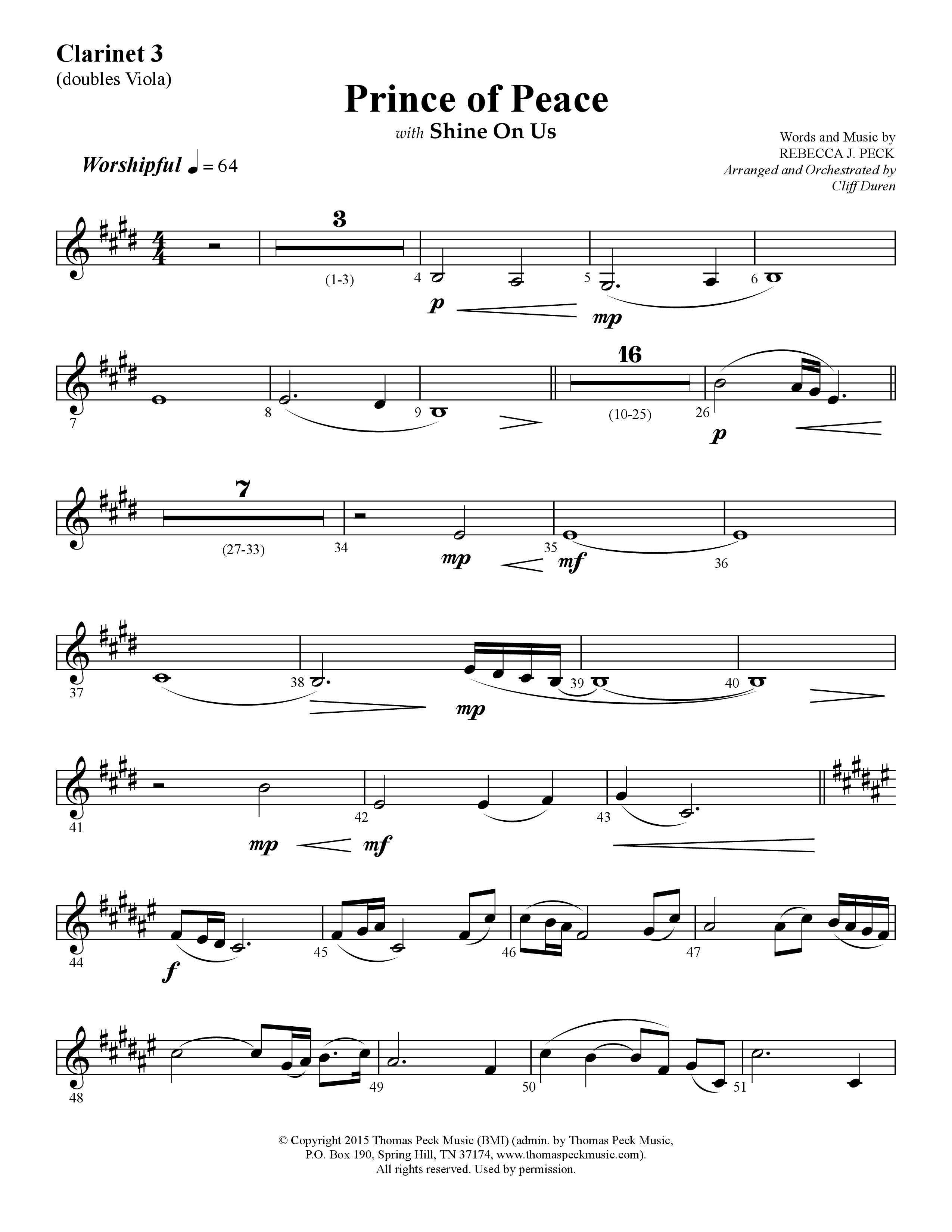Prince Of Peace (with Shine On Us) (Choral Anthem SATB) Clarinet 3 (Lifeway Choral / Arr. Cliff Duren)