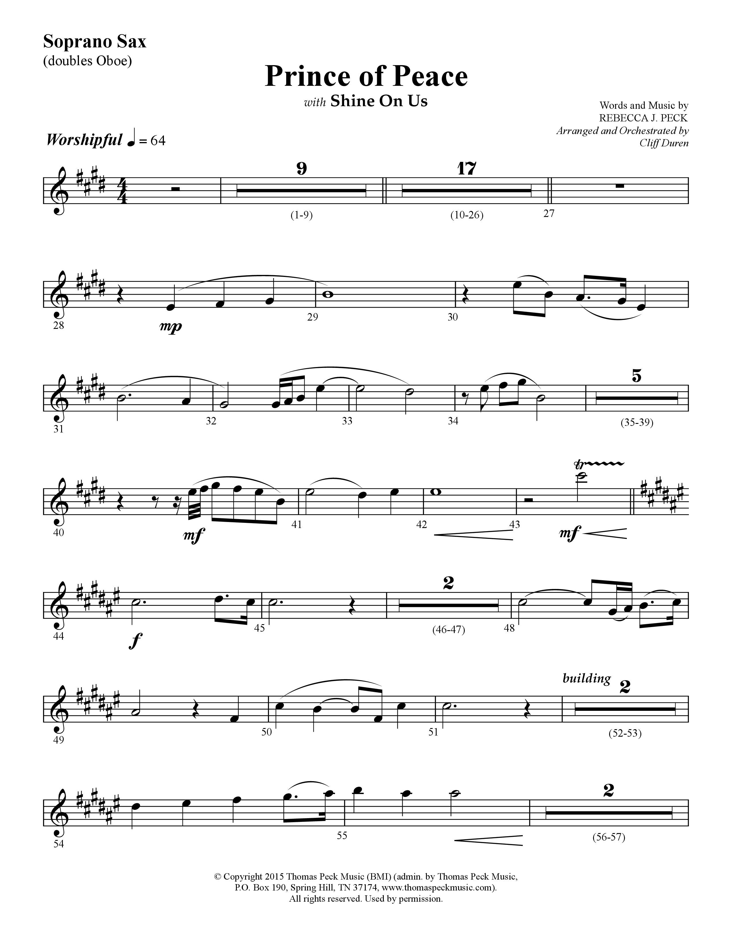 Prince Of Peace (with Shine On Us) (Choral Anthem SATB) Soprano Sax (Lifeway Choral / Arr. Cliff Duren)