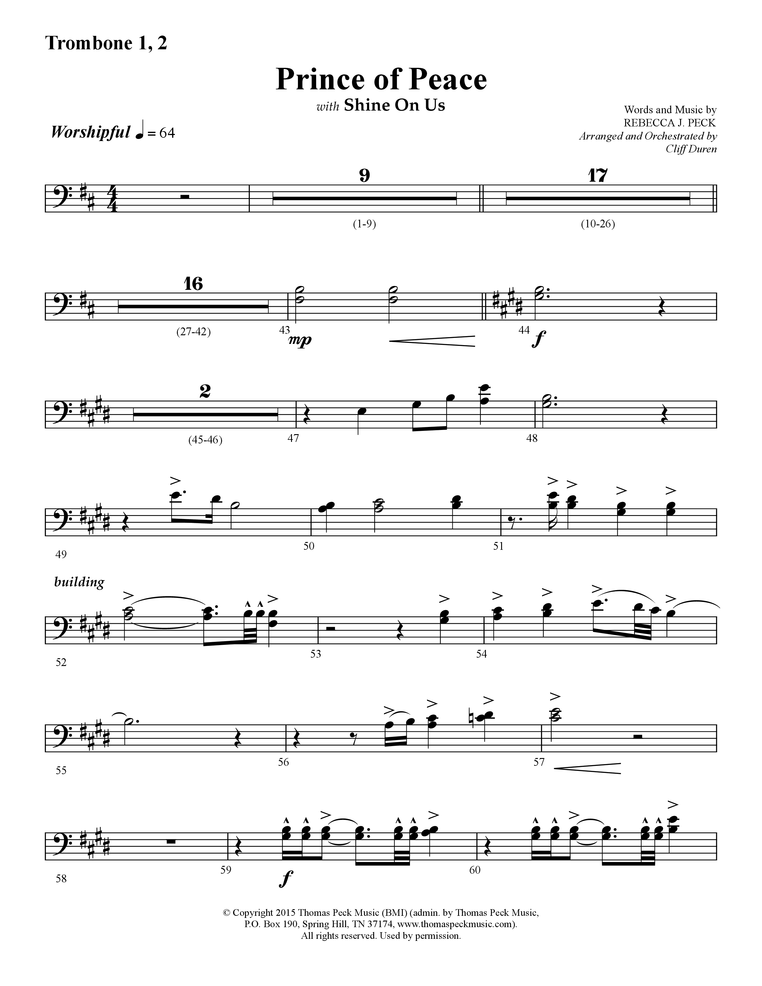 Prince Of Peace (with Shine On Us) (Choral Anthem SATB) Trombone 1/2 (Lifeway Choral / Arr. Cliff Duren)