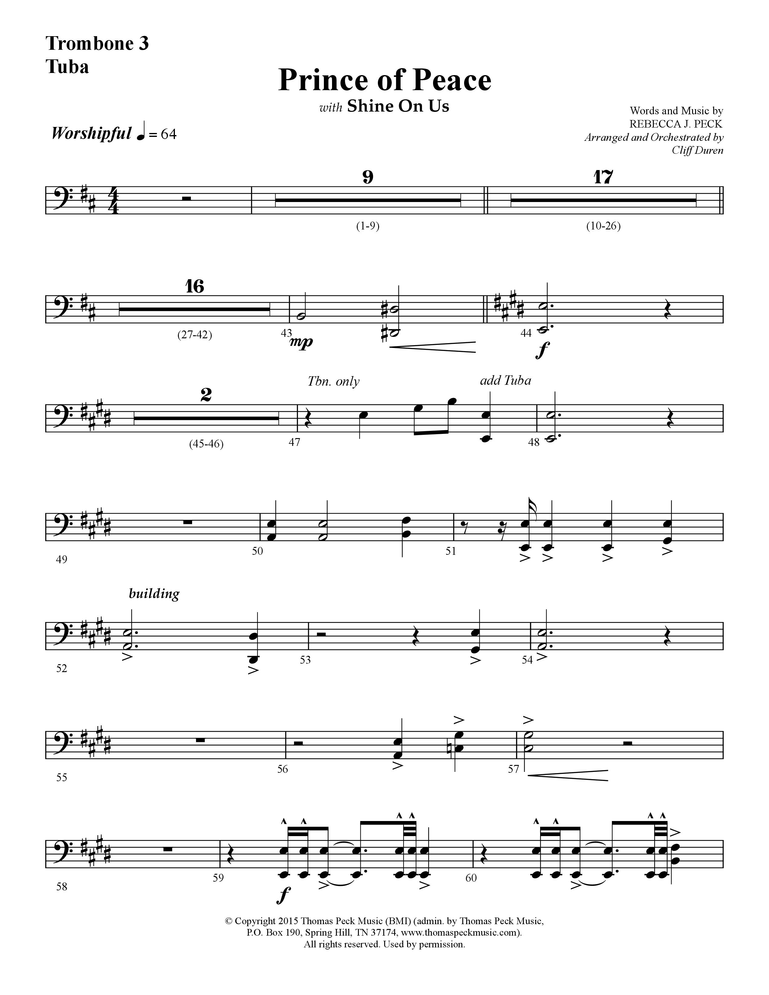 Prince Of Peace (with Shine On Us) (Choral Anthem SATB) Trombone 3/Tuba (Lifeway Choral / Arr. Cliff Duren)