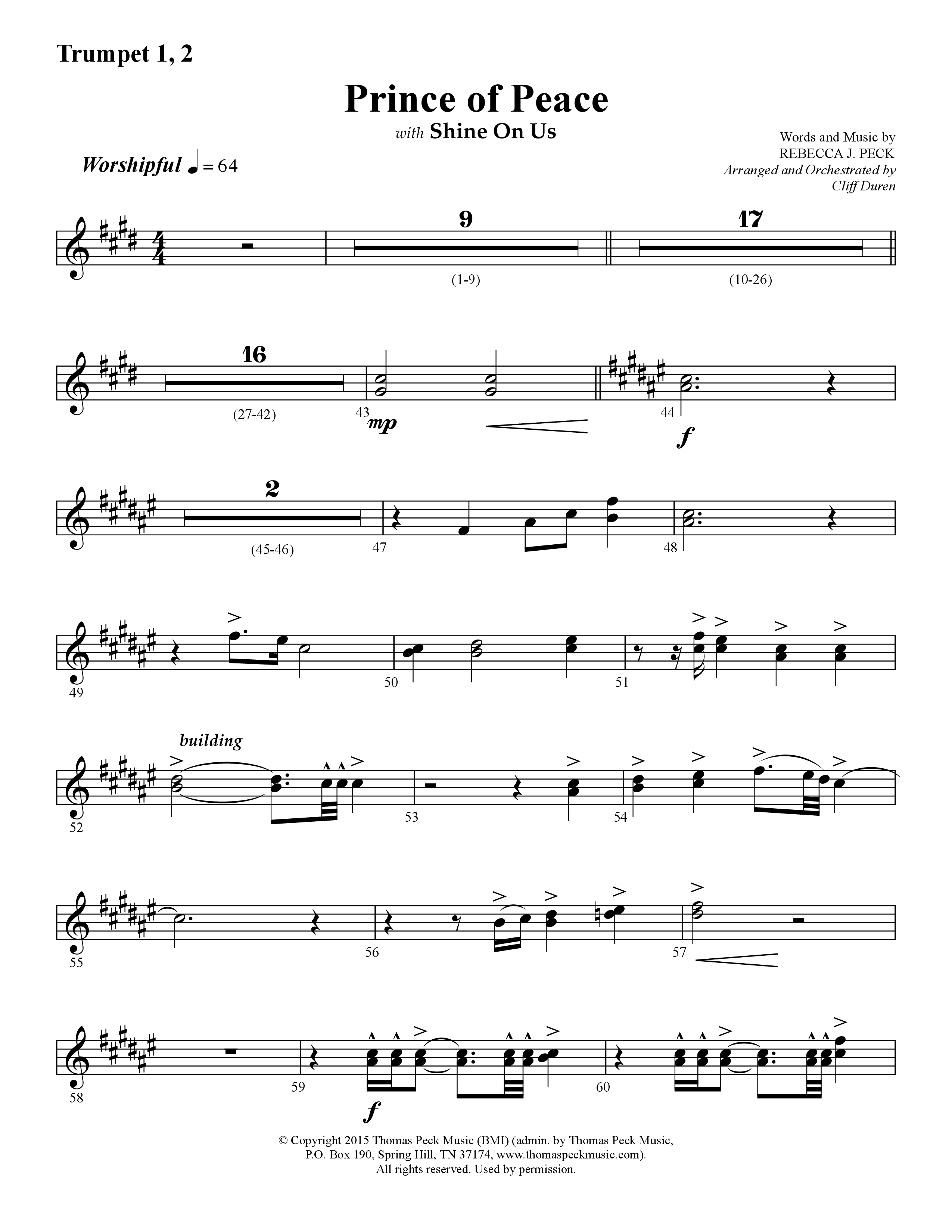 Prince Of Peace (with Shine On Us) (Choral Anthem SATB) Trumpet 1,2 (Lifeway Choral / Arr. Cliff Duren)