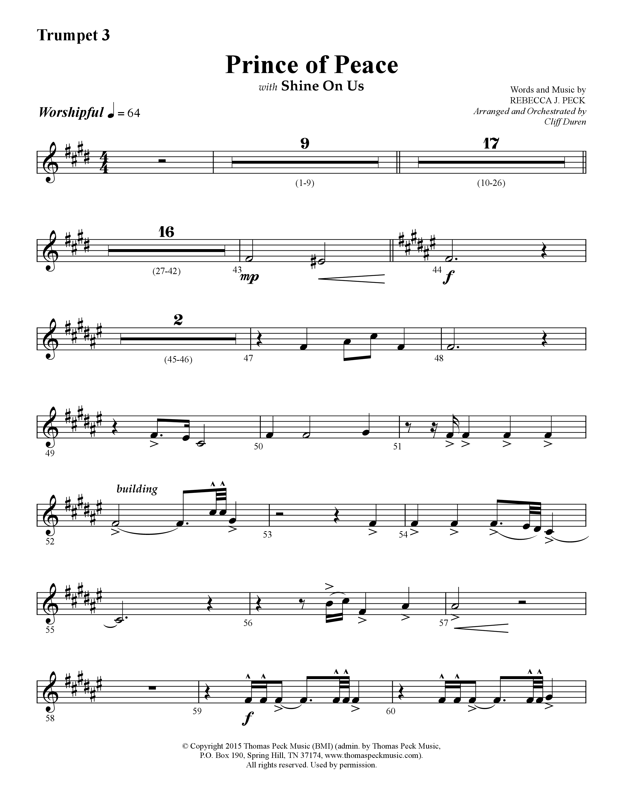 Prince Of Peace (with Shine On Us) (Choral Anthem SATB) Trumpet 3 (Lifeway Choral / Arr. Cliff Duren)