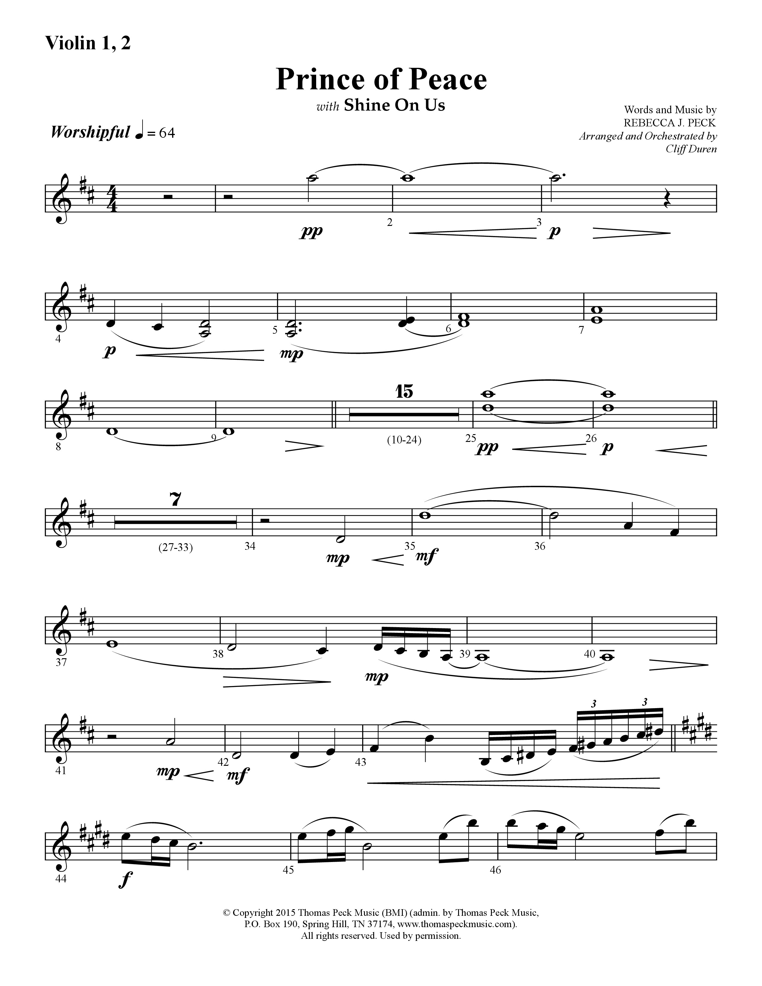 Prince Of Peace (with Shine On Us) (Choral Anthem SATB) Violin 1/2 (Lifeway Choral / Arr. Cliff Duren)