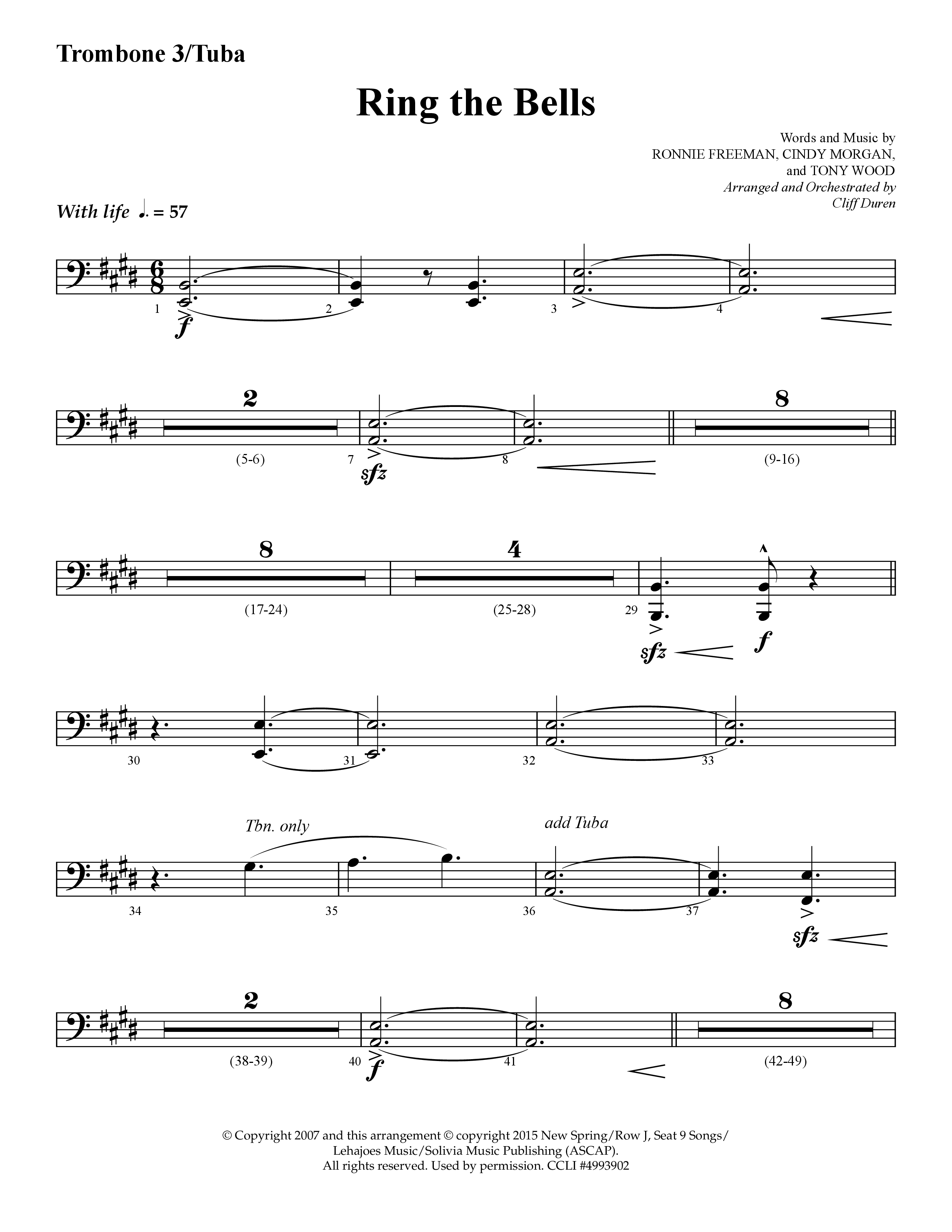 Ring The Bells (Choral Anthem SATB) Trombone 3/Tuba (Lifeway Choral / Arr. Cliff Duren)