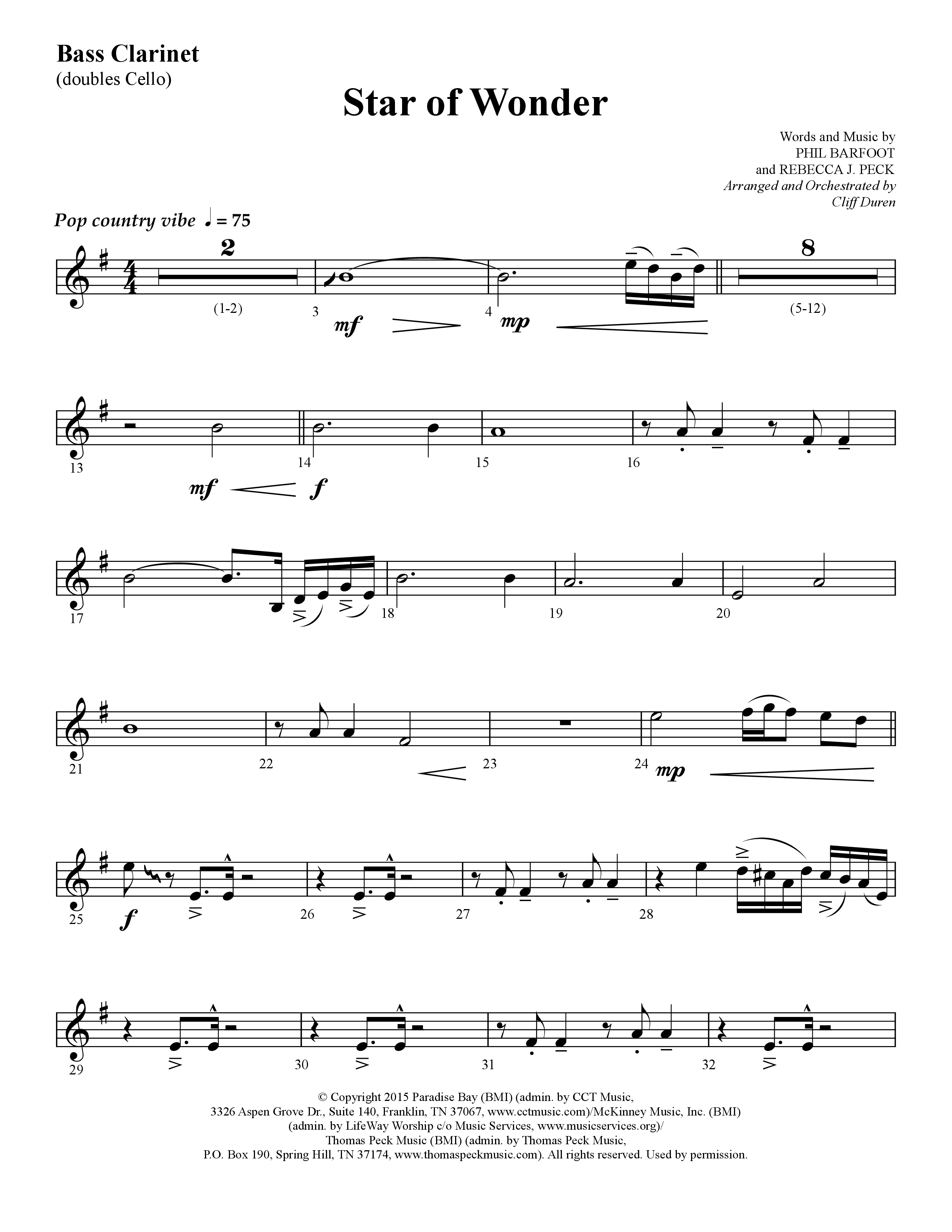 Star Of Wonder (Choral Anthem SATB) Bass Clarinet (Lifeway Choral / Arr. Cliff Duren)