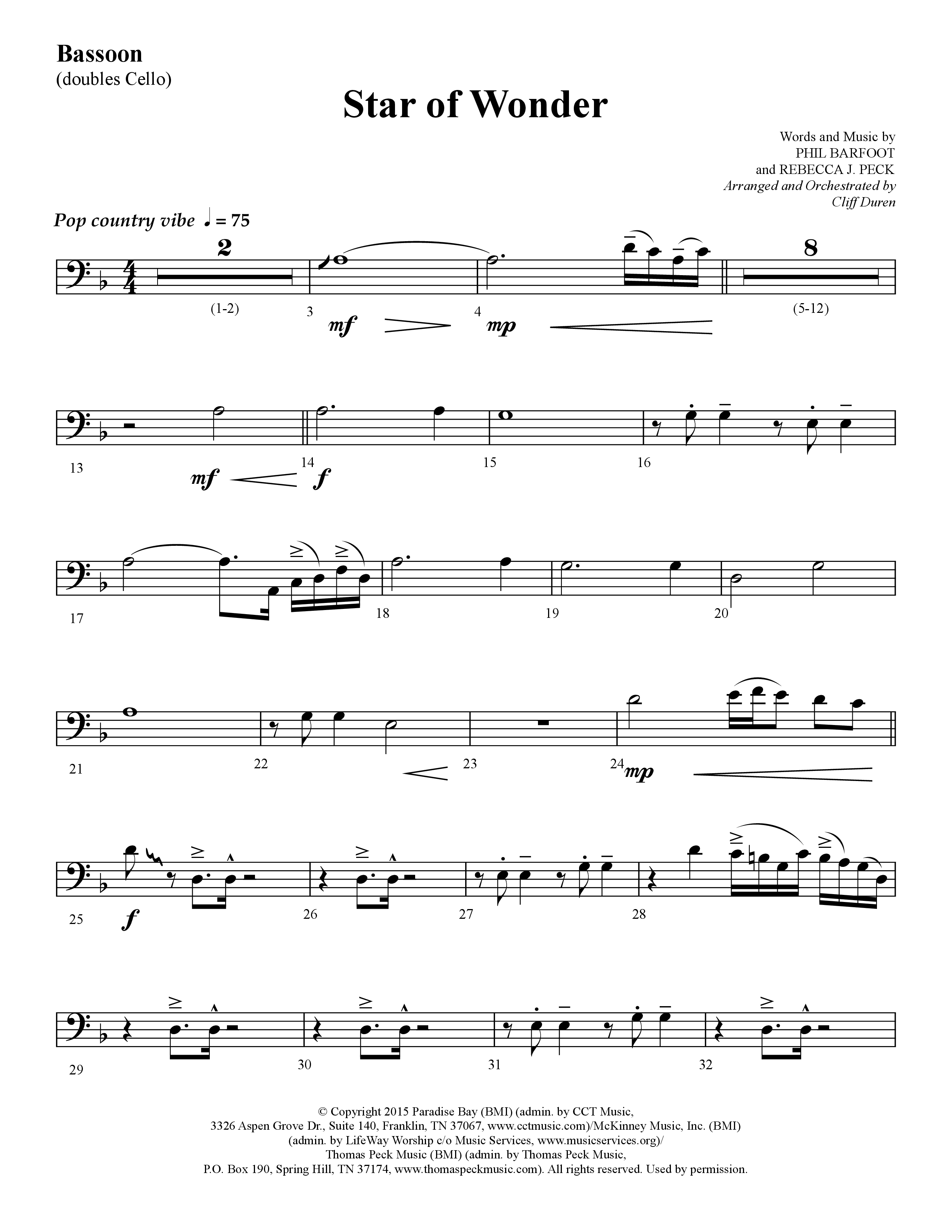 Star Of Wonder (Choral Anthem SATB) Bassoon (Lifeway Choral / Arr. Cliff Duren)