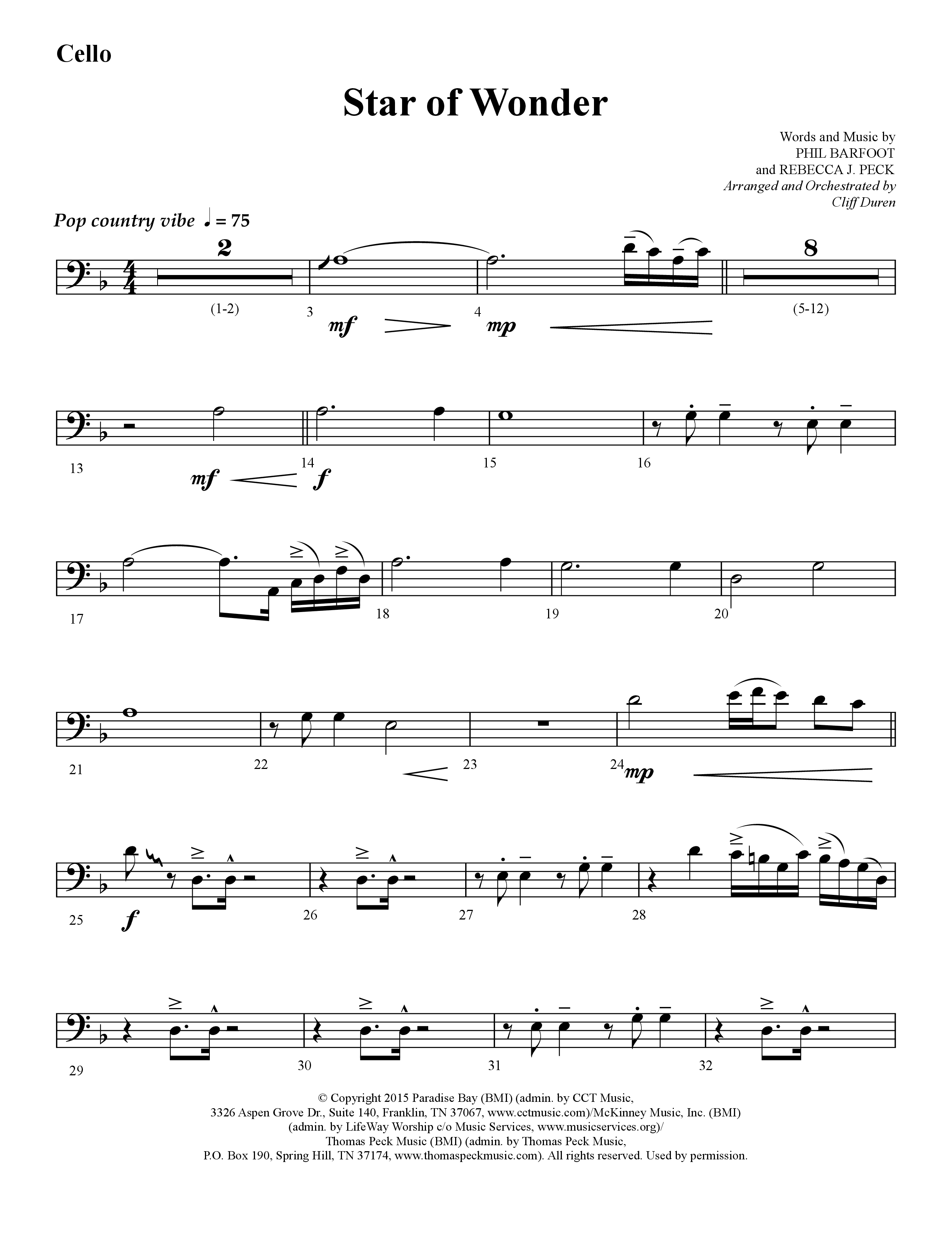 Star Of Wonder (Choral Anthem SATB) Cello (Lifeway Choral / Arr. Cliff Duren)