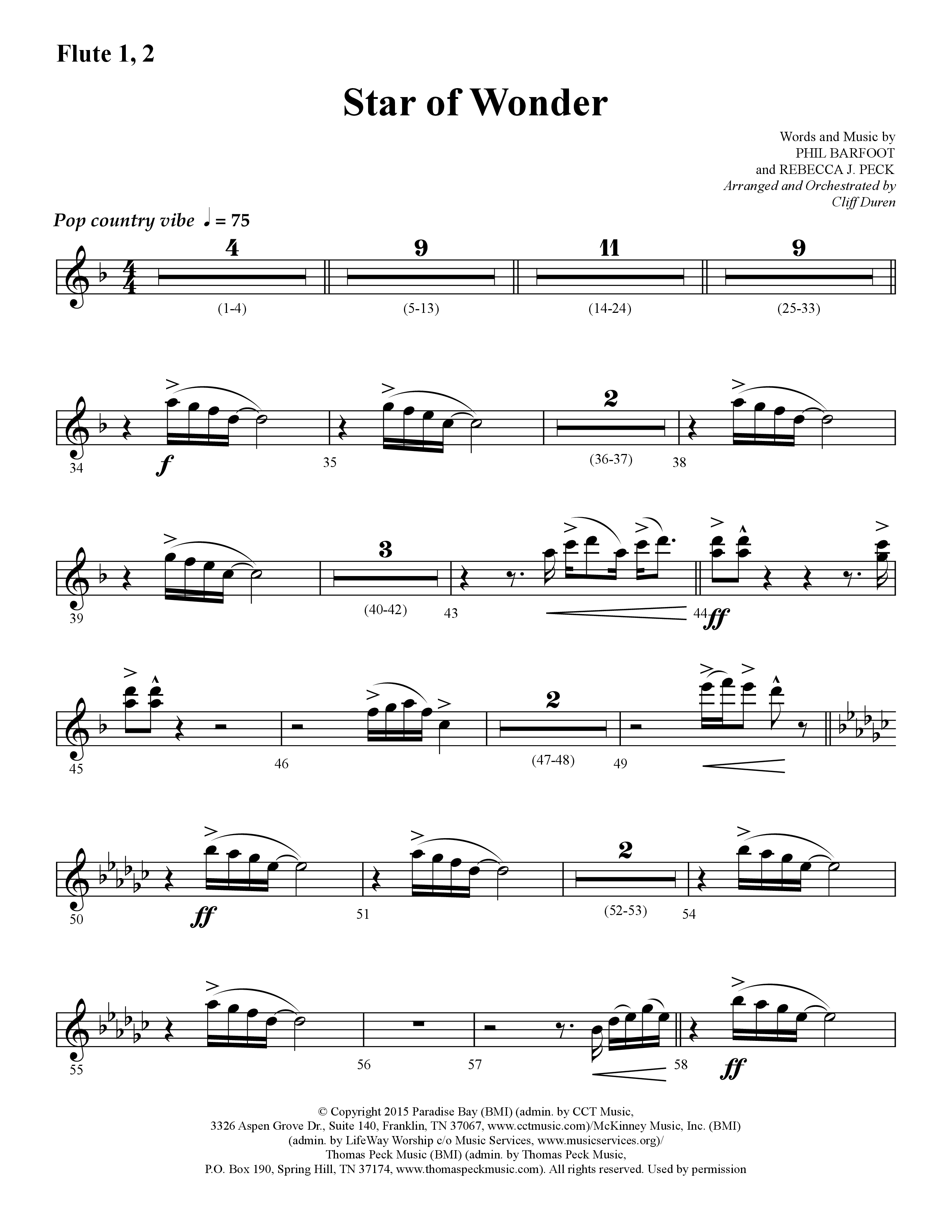 Star Of Wonder (Choral Anthem SATB) Flute 1/2 (Lifeway Choral / Arr. Cliff Duren)