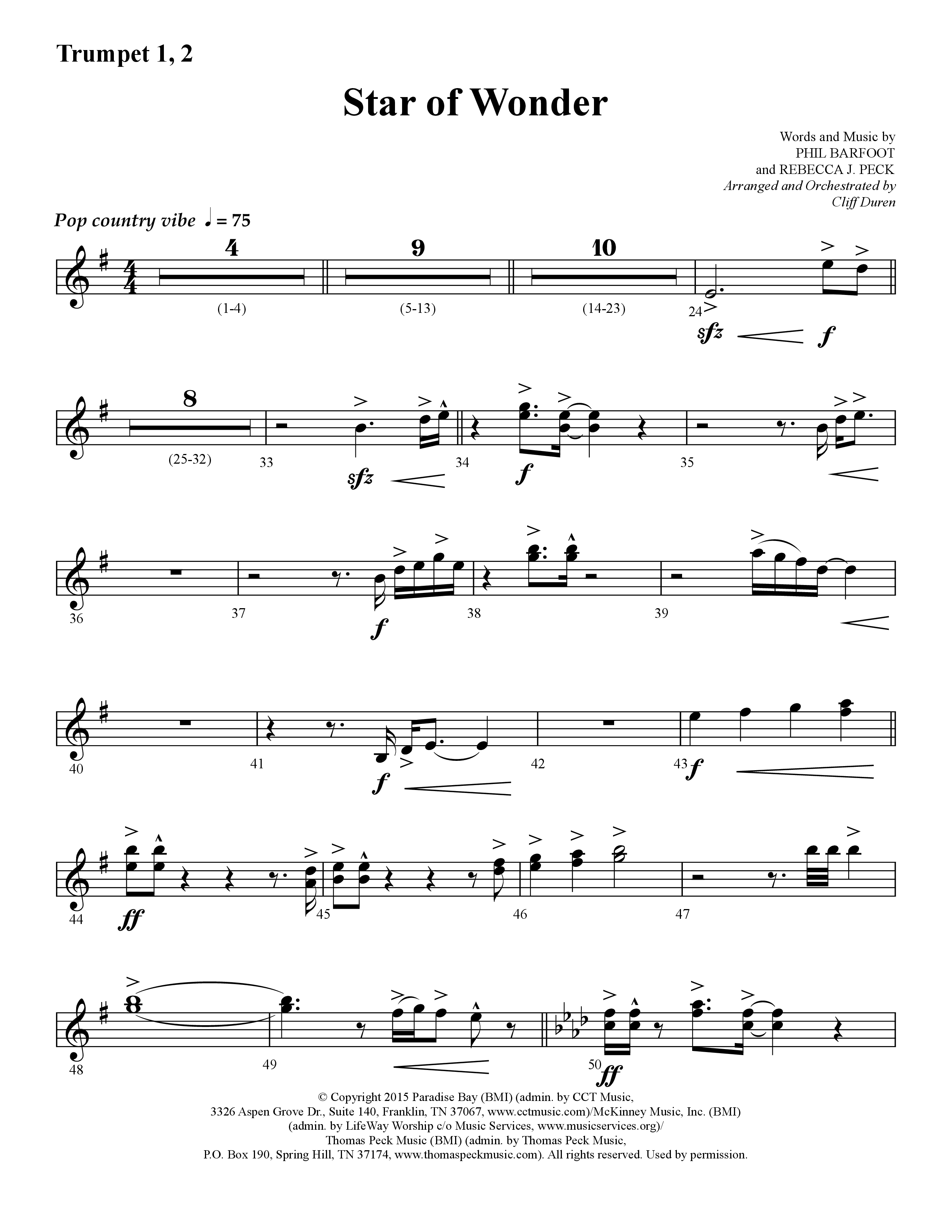 Star Of Wonder (Choral Anthem SATB) Trumpet 1,2 (Lifeway Choral / Arr. Cliff Duren)