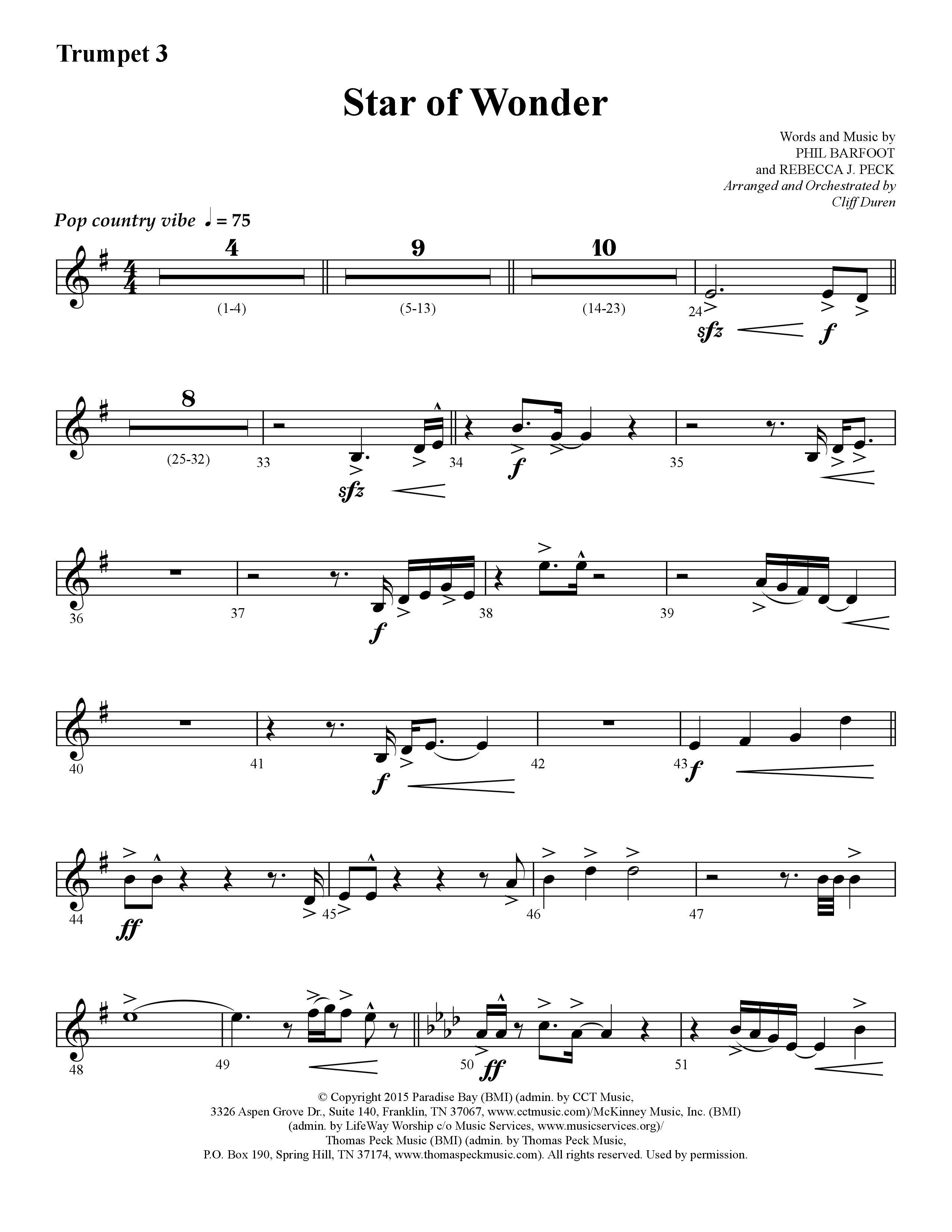 Star Of Wonder (Choral Anthem SATB) Trumpet 3 (Lifeway Choral / Arr. Cliff Duren)