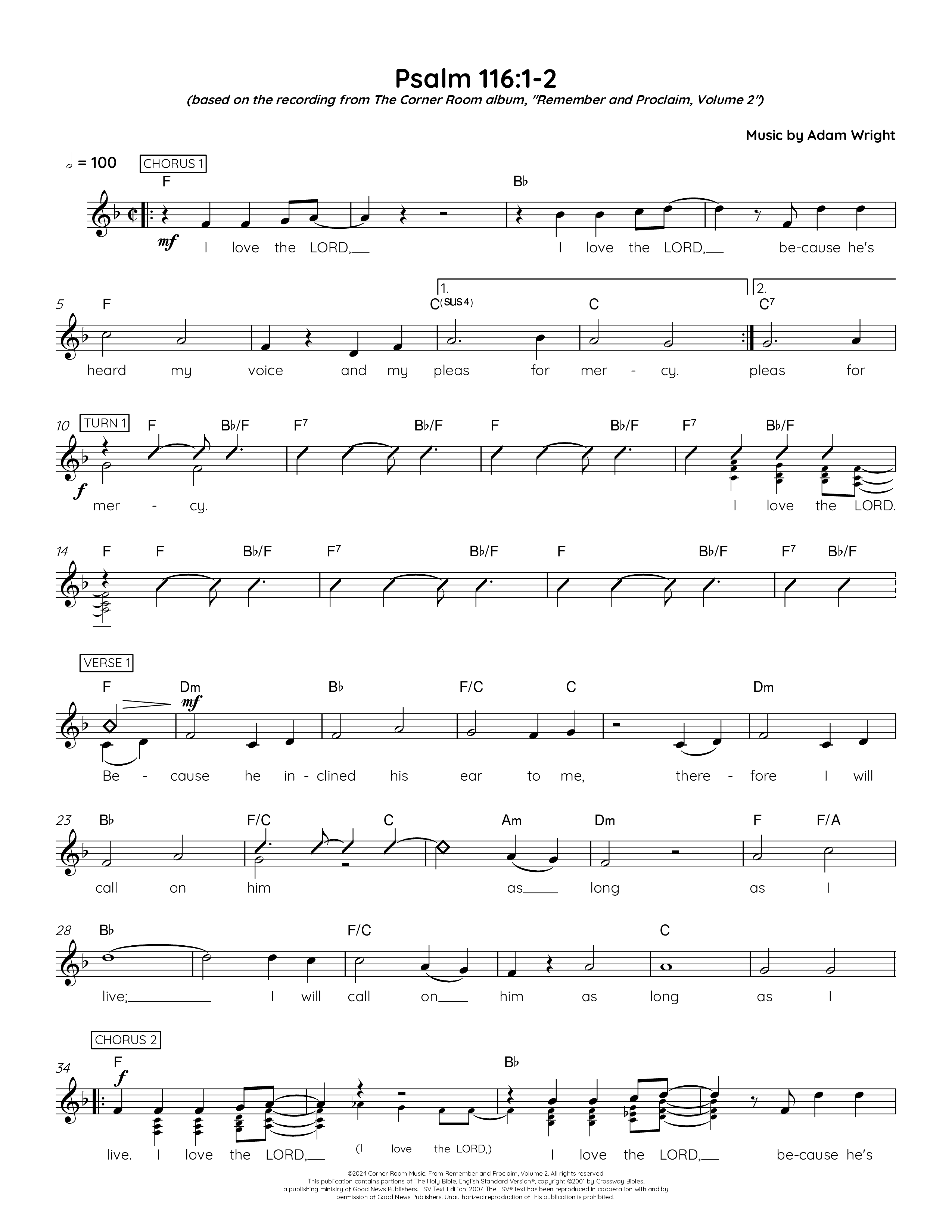 Psalm 116:1-2 Lead Sheet Melody (The Corner Room)