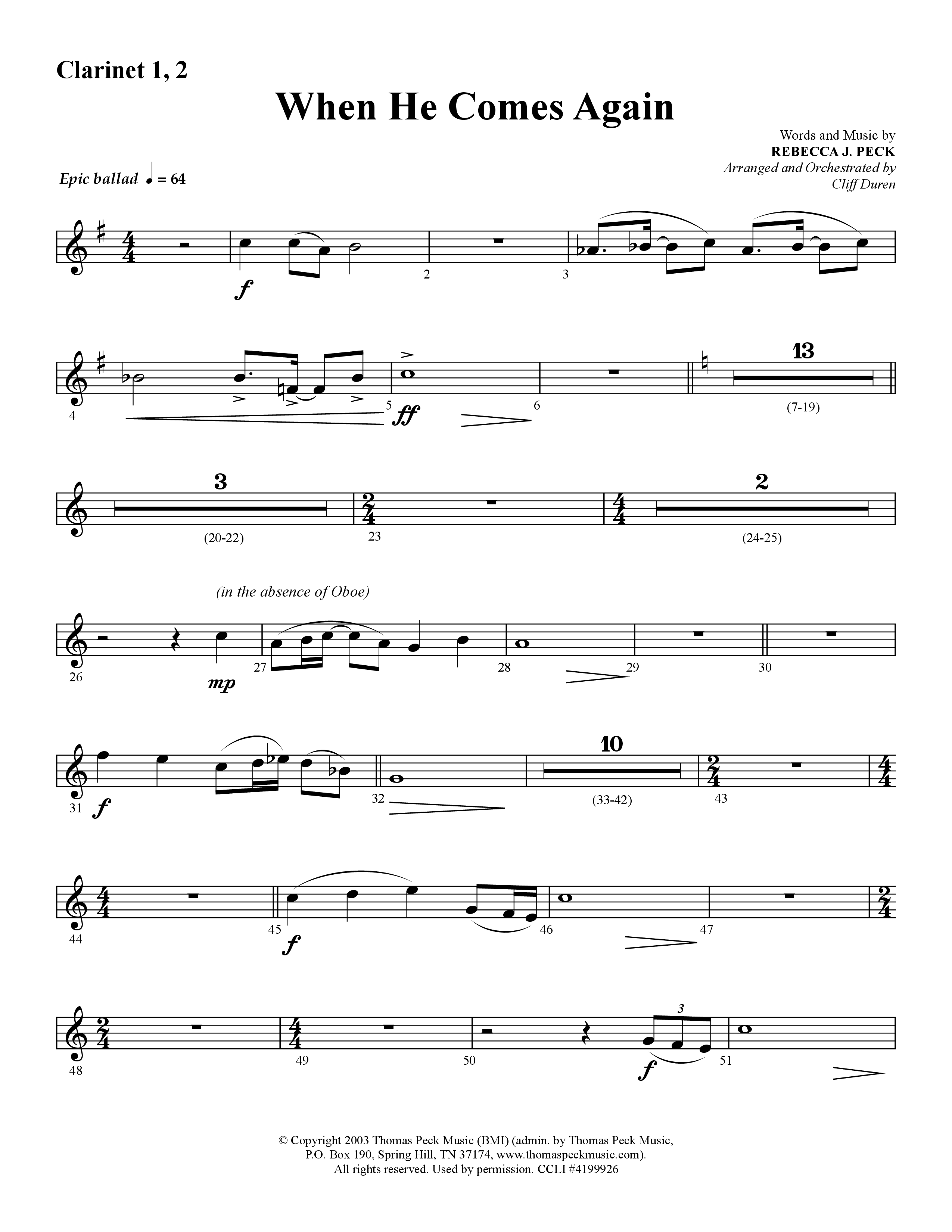 When He Comes Again (Choral Anthem SATB) Clarinet 1/2 (Lifeway Choral / Arr. Cliff Duren)