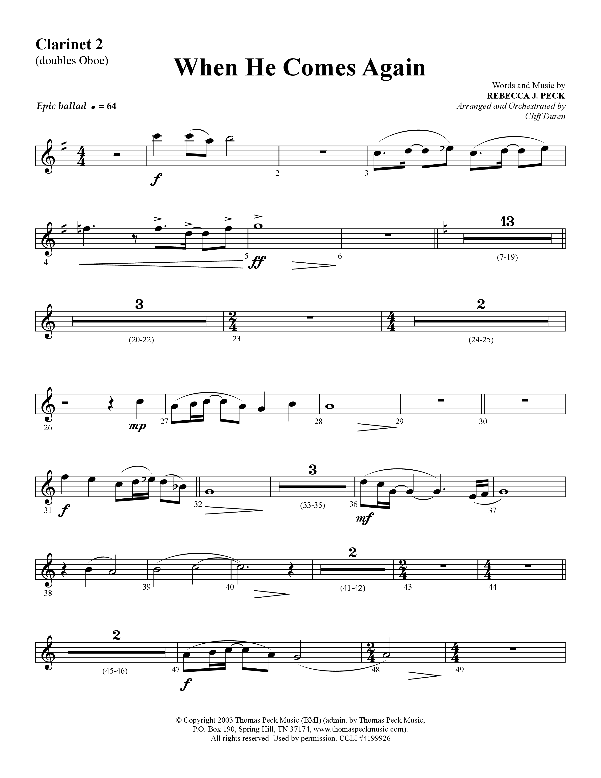 When He Comes Again (Choral Anthem SATB) Clarinet 1/2 (Lifeway Choral / Arr. Cliff Duren)