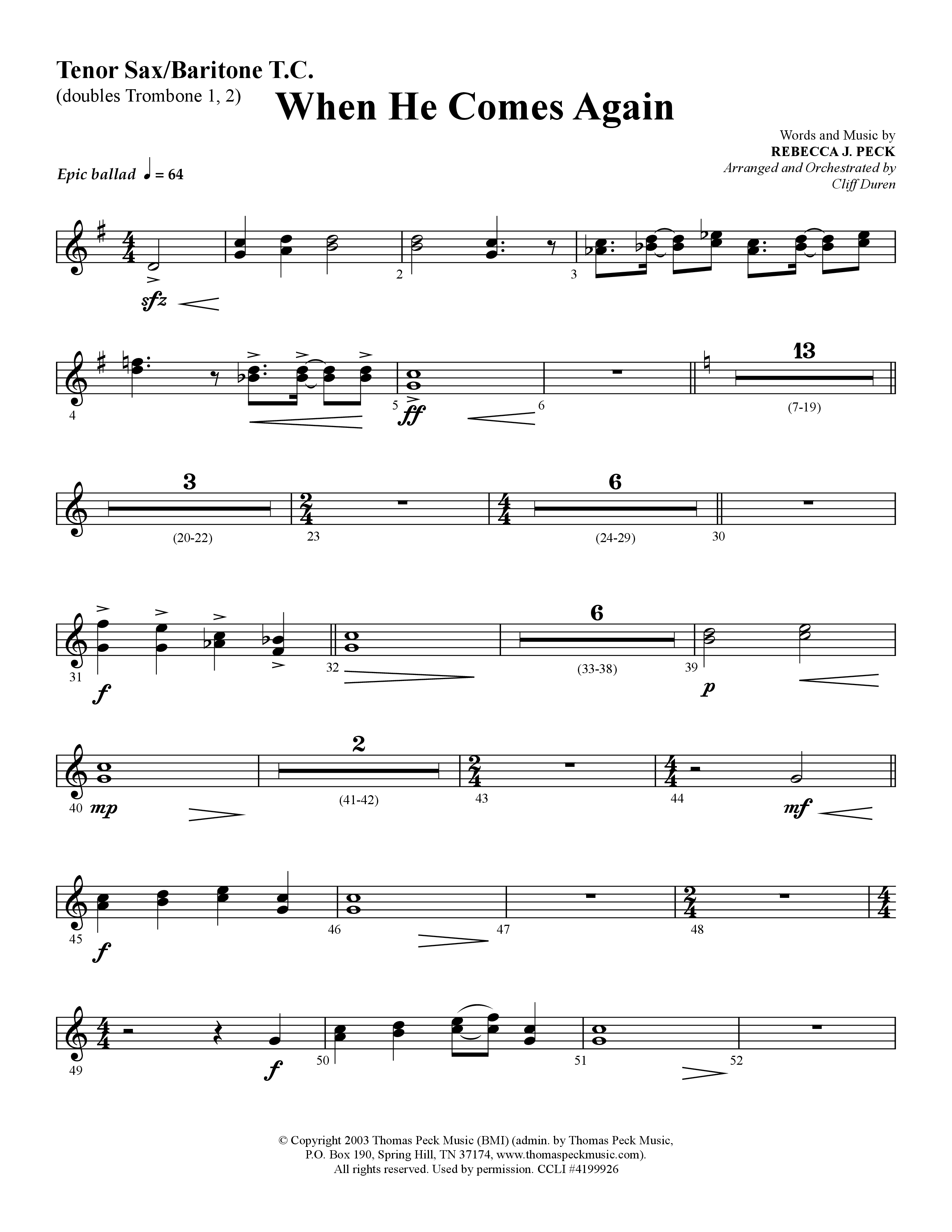 When He Comes Again (Choral Anthem SATB) Tenor Sax/Baritone T.C. (Lifeway Choral / Arr. Cliff Duren)