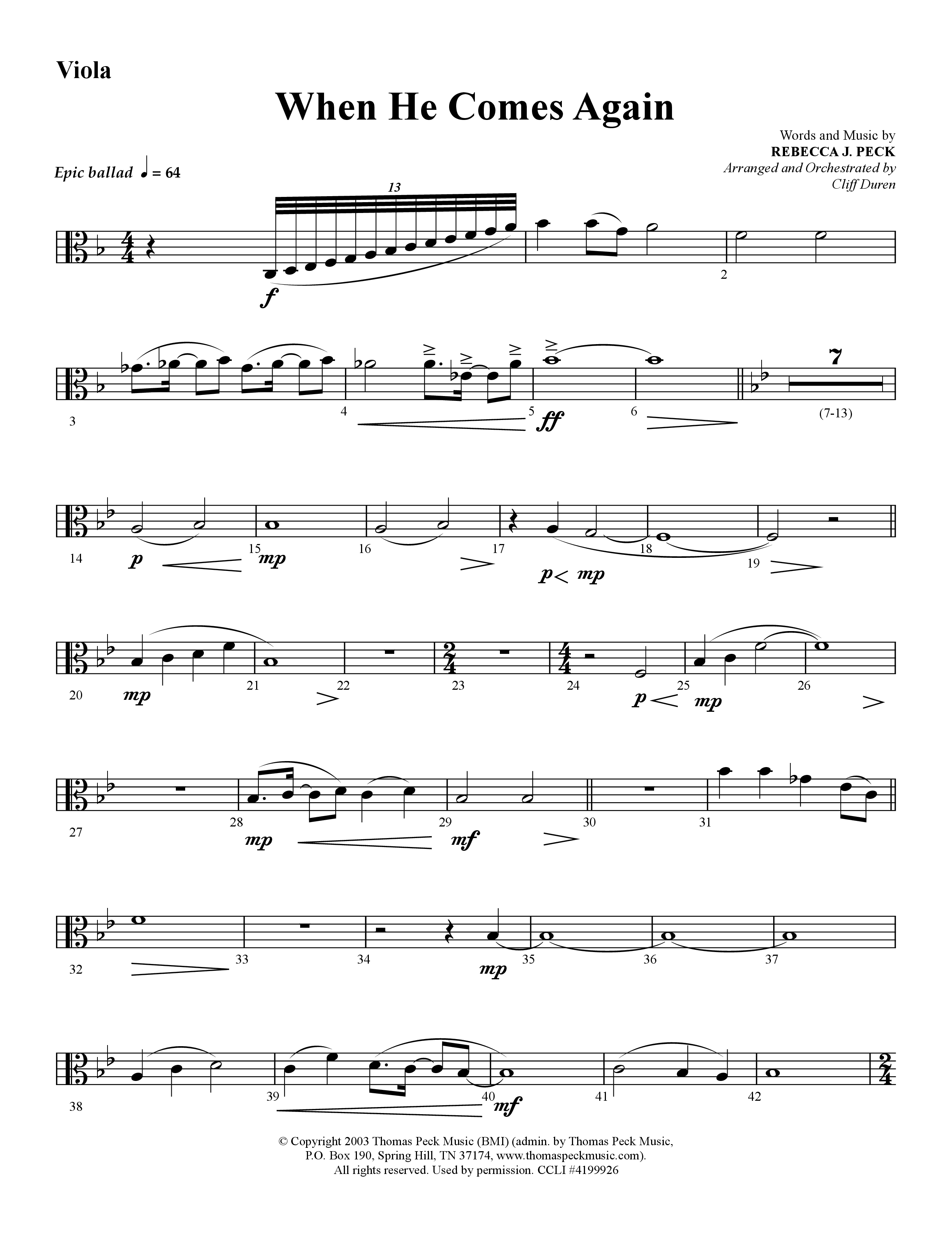 When He Comes Again (Choral Anthem SATB) Viola (Lifeway Choral / Arr. Cliff Duren)