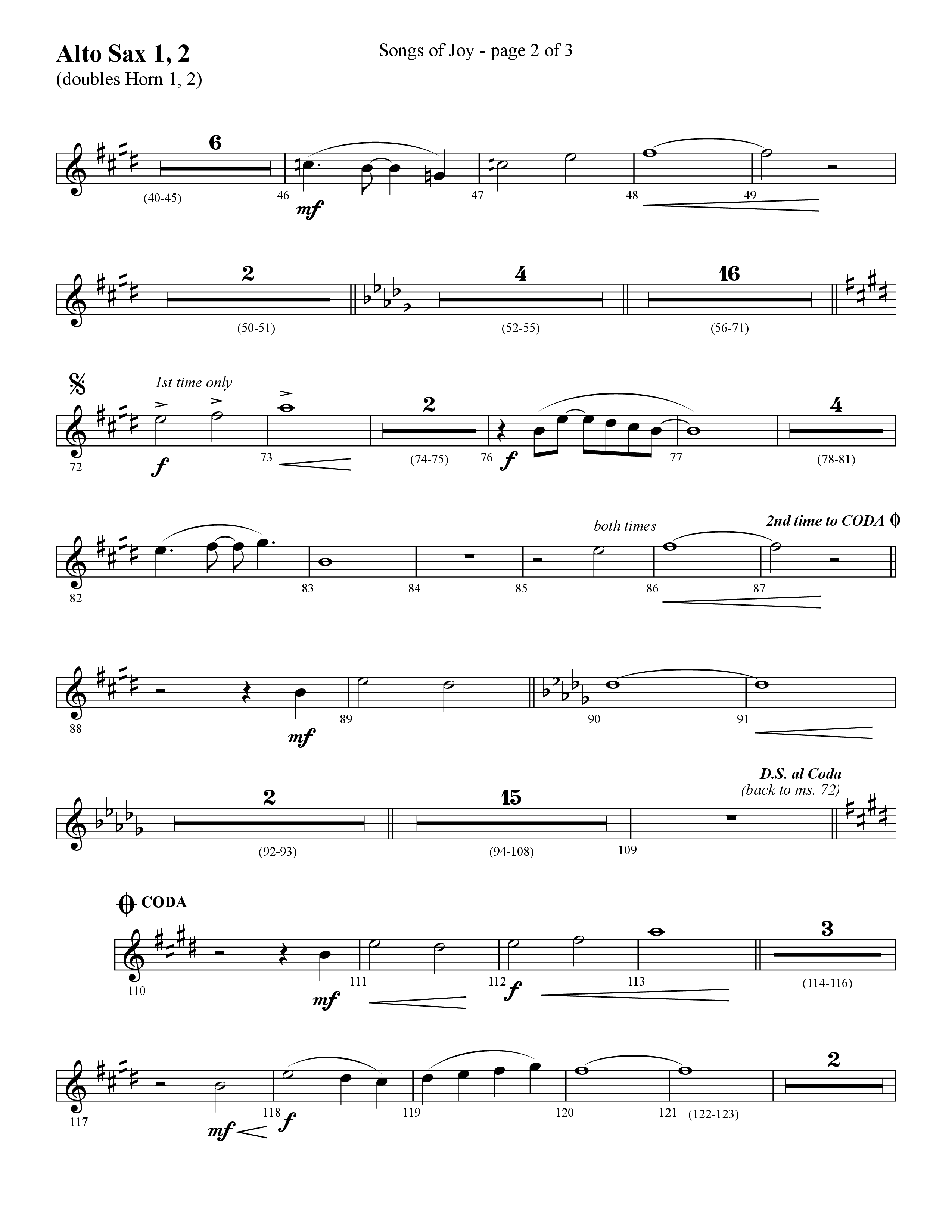 Songs of Joy (with O Come All Ye Faithful) (Choral Anthem SATB) Alto Sax 1/2 (Lifeway Choral / Arr. Cliff Duren)