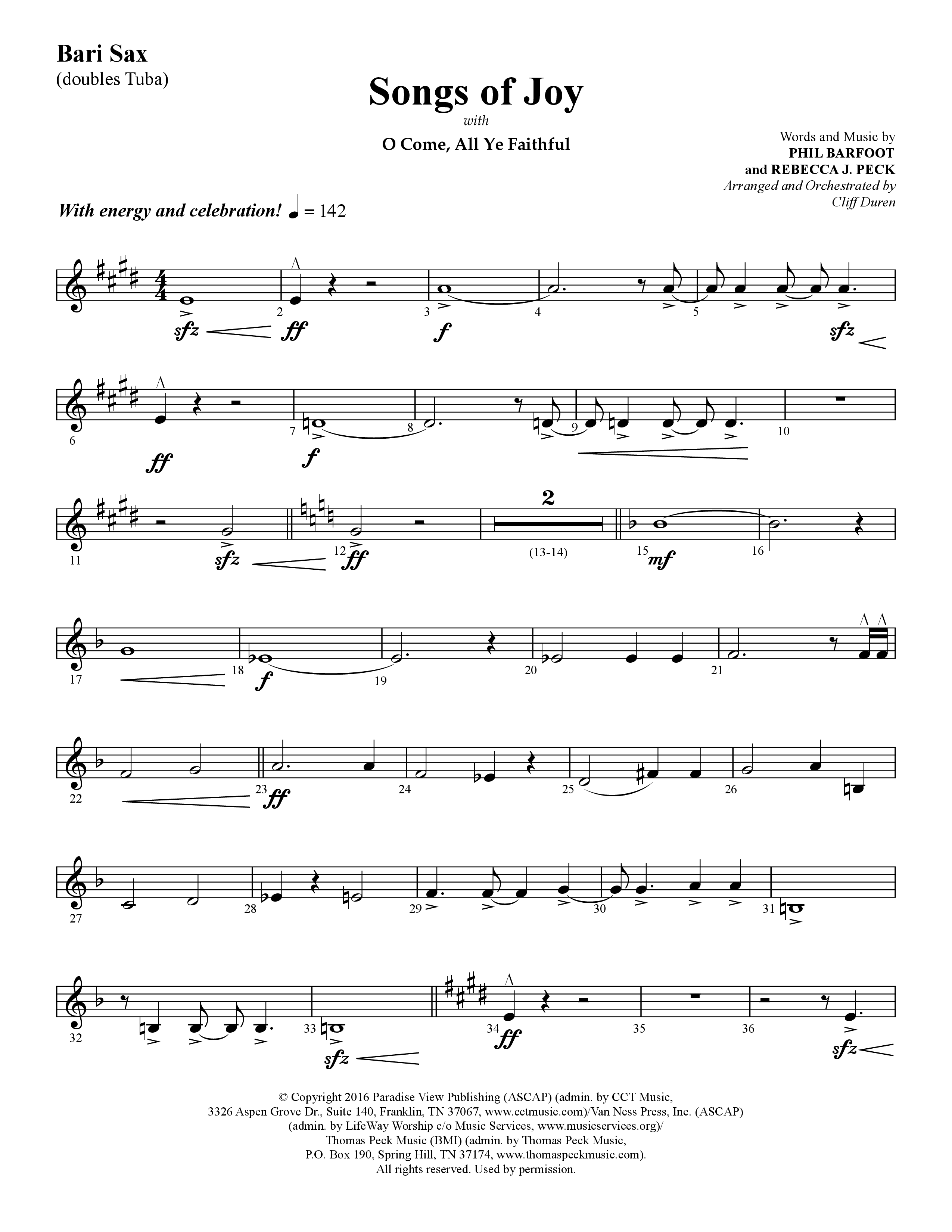 Songs of Joy (with O Come All Ye Faithful) (Choral Anthem SATB) Bari Sax (Lifeway Choral / Arr. Cliff Duren)