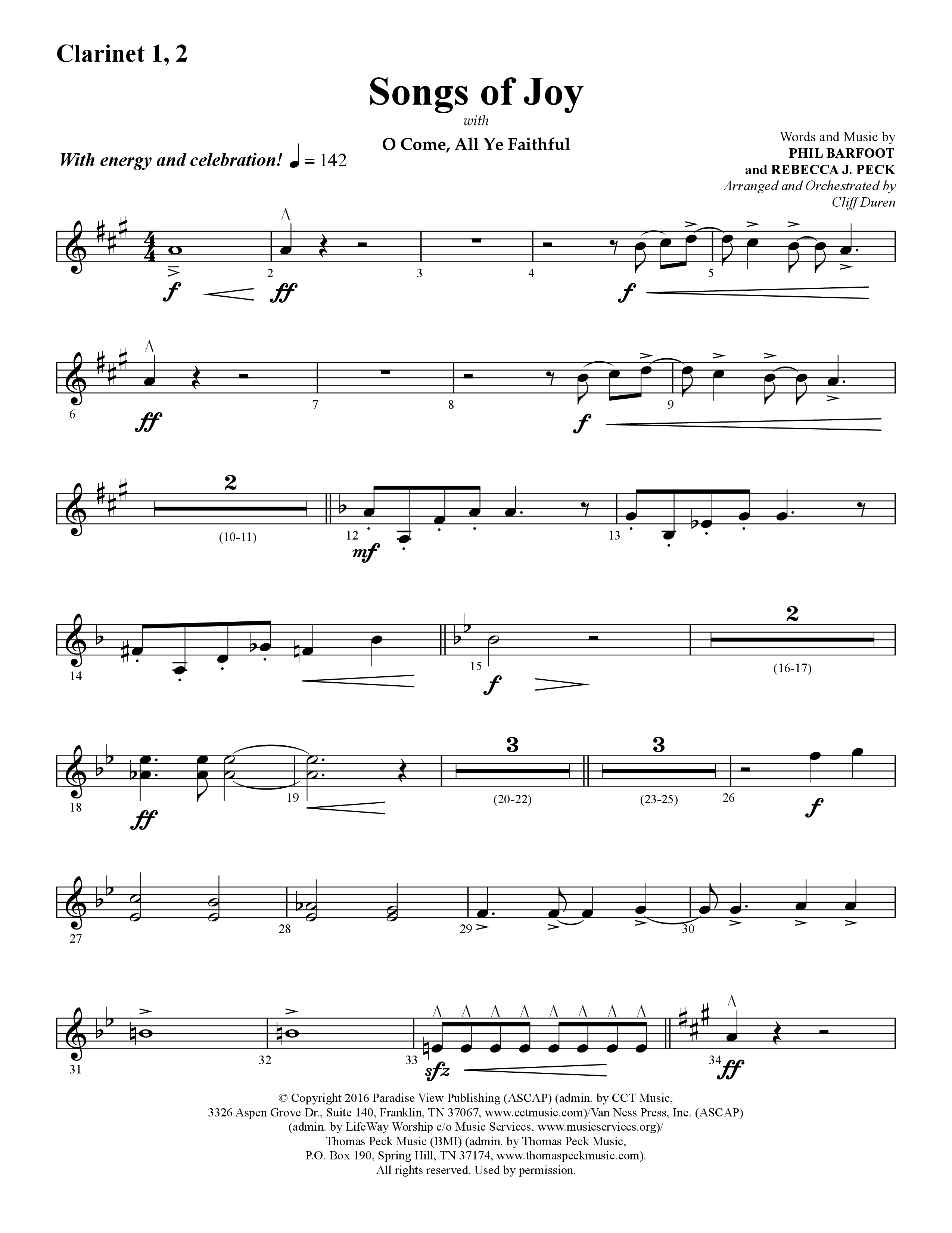 Songs of Joy (with O Come All Ye Faithful) (Choral Anthem SATB) Clarinet 1/2 (Lifeway Choral / Arr. Cliff Duren)