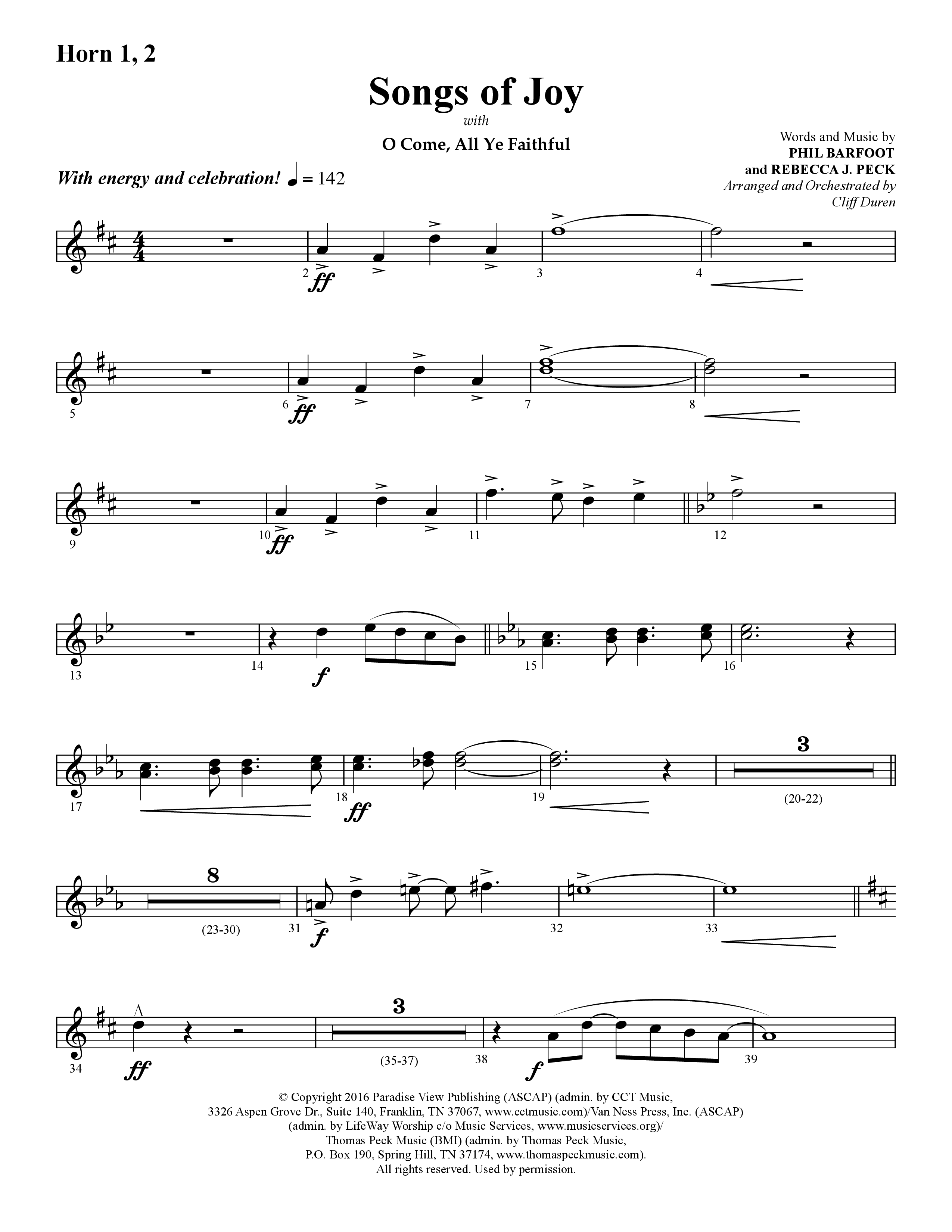 Songs of Joy (with O Come All Ye Faithful) (Choral Anthem SATB) French Horn 1/2 (Lifeway Choral / Arr. Cliff Duren)