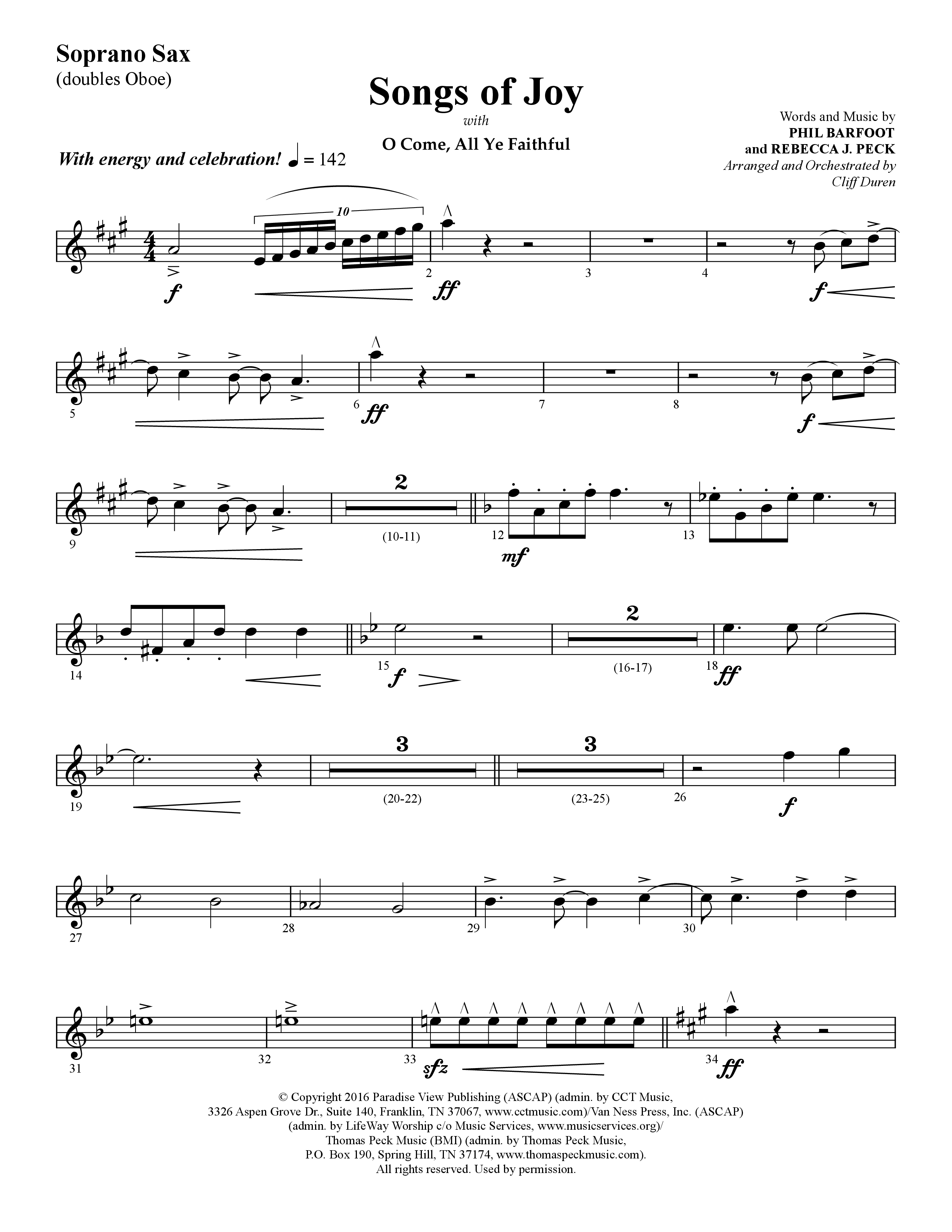 Songs of Joy (with O Come All Ye Faithful) (Choral Anthem SATB) Soprano Sax (Lifeway Choral / Arr. Cliff Duren)